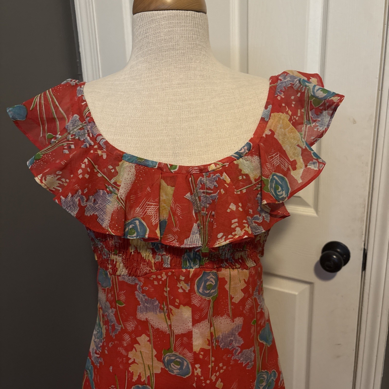 Vintage 70s Jody T Of California Cap Sleeve Orange Floral Long Dress Sz 5