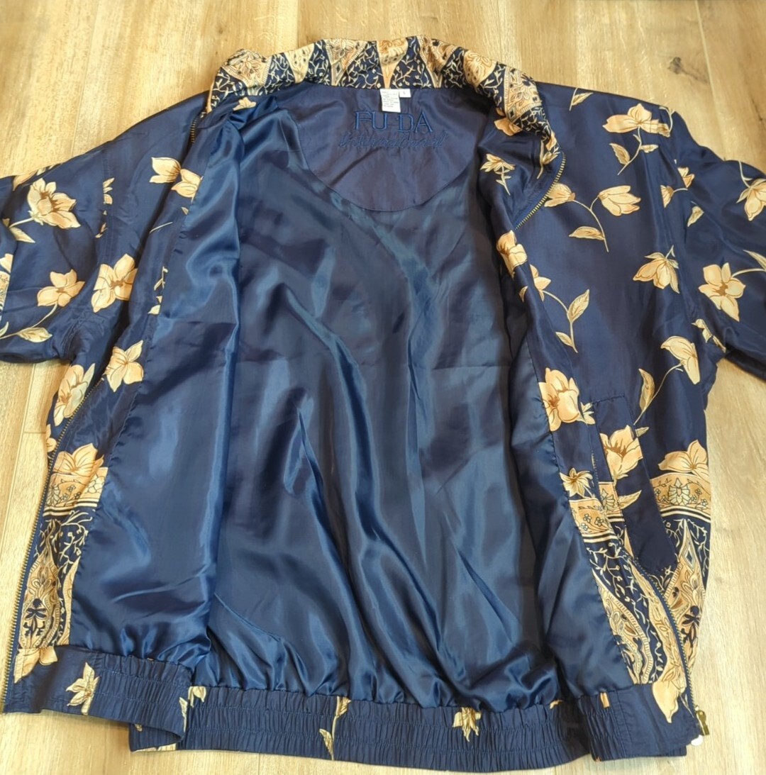 Vintage Fuda International Silk Bomber Jacket Size Large Navy Blue Floral Zip