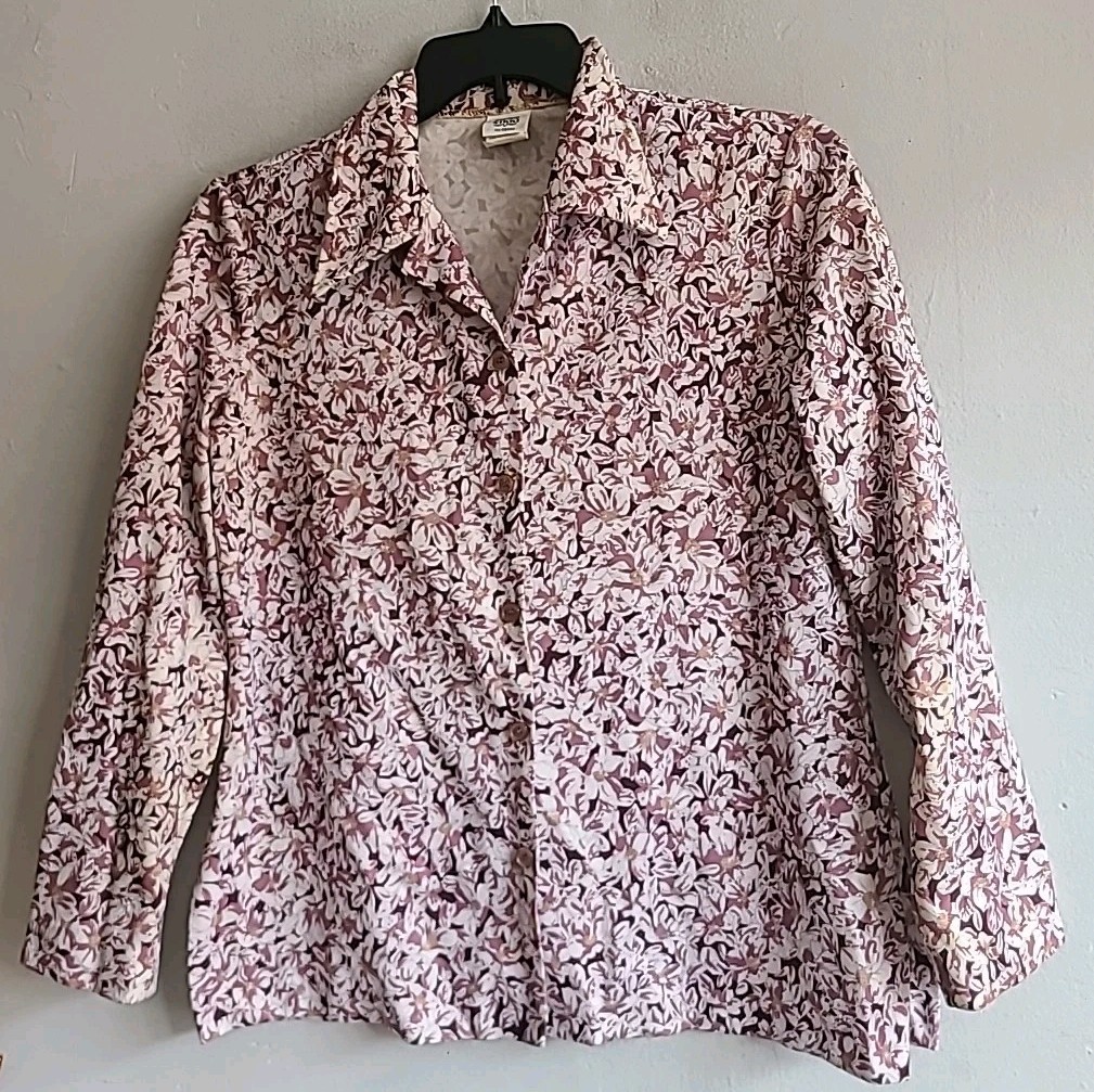Vintage 1970s Women’s Lg XL 15/16 Long Sleeve Button Up Shirt Pink Floral Nikki