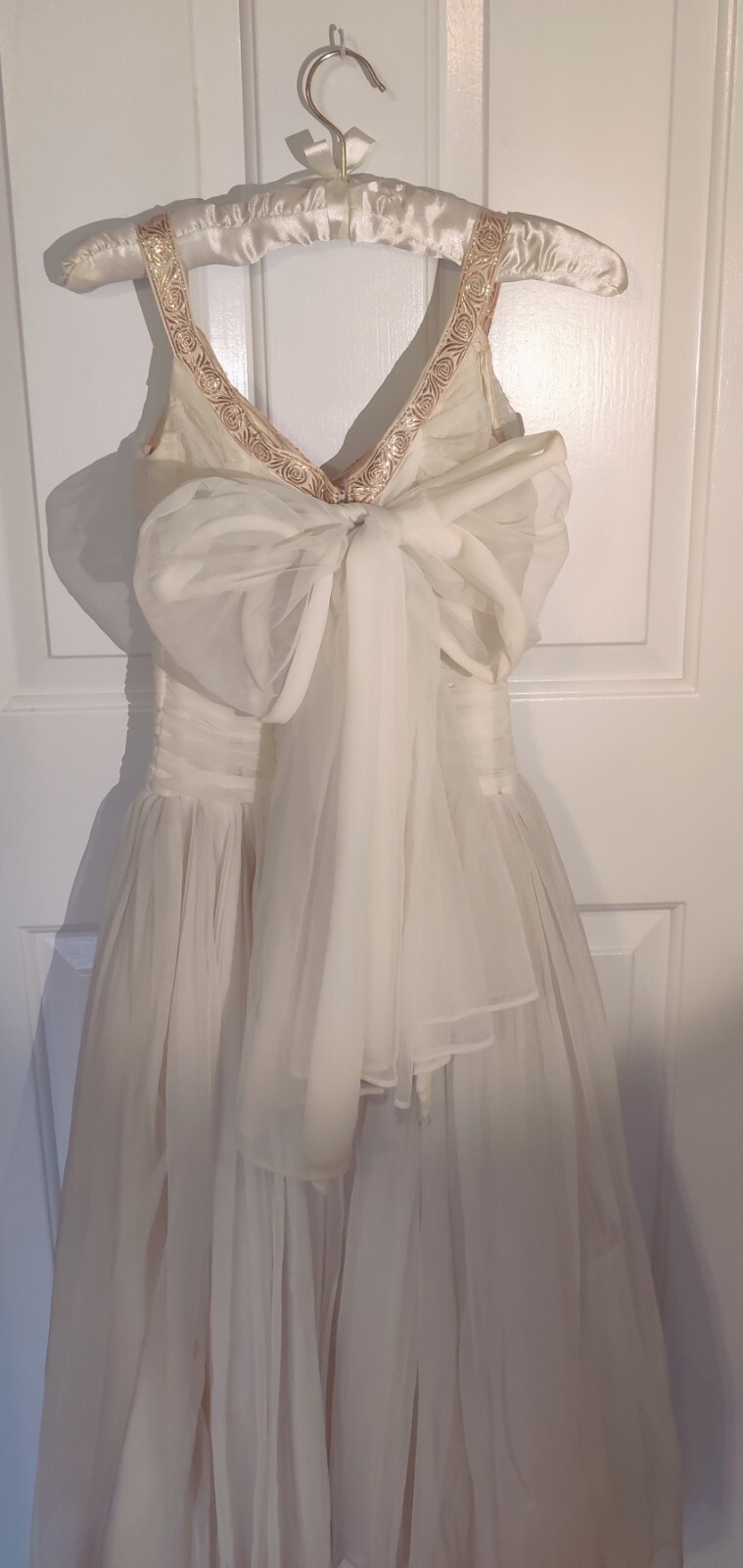 IVORY ANTIQUE HANDMADE DRESS TULLE NICOLE MILLER STYLE BOW GOLD AUDREY HEPBURN 