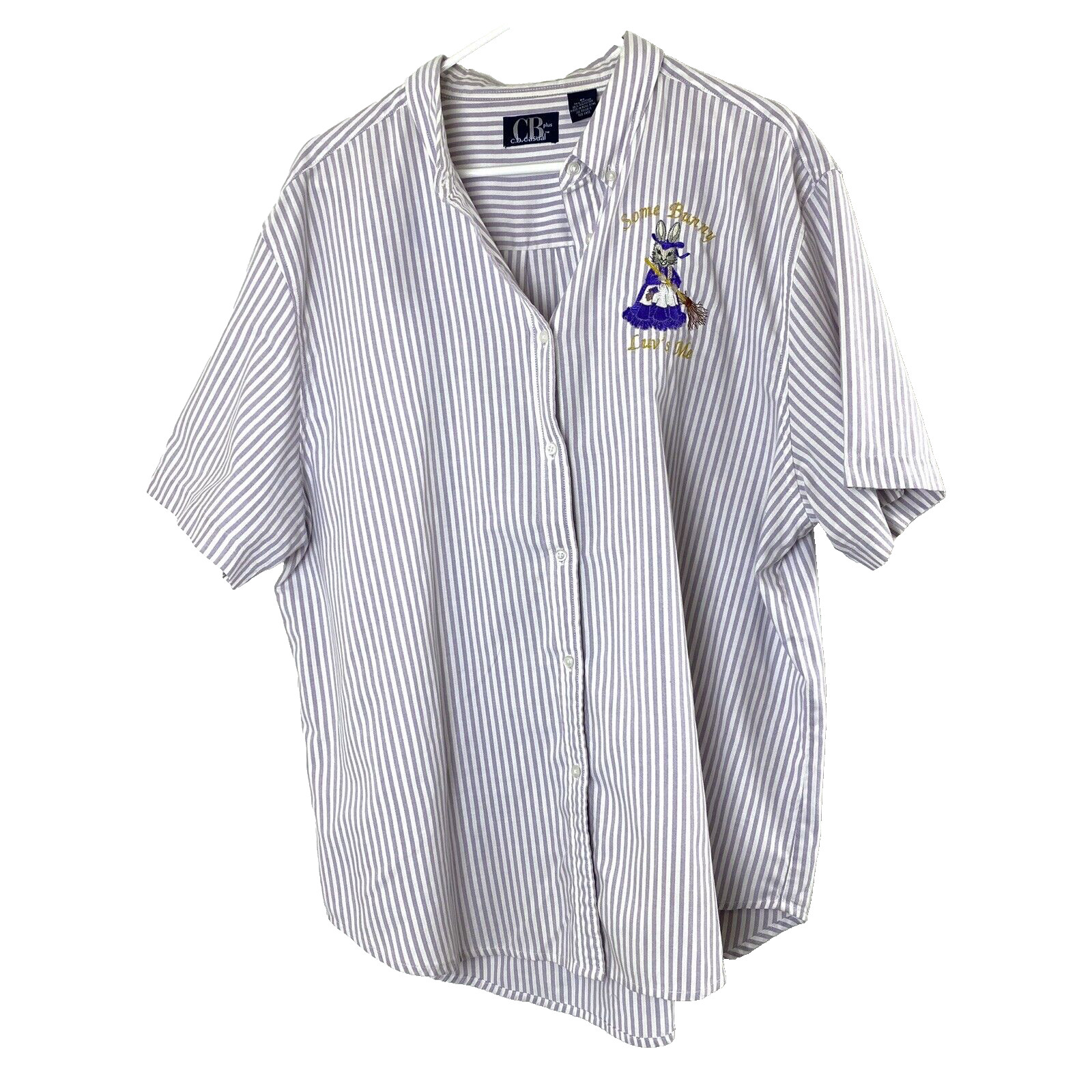 Vintage CB Casual Button Up Striped Blouse 2X Purple White Embroidered Bunny