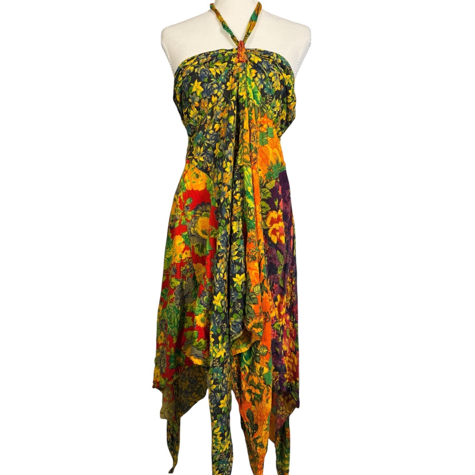 Vintage India Rayon Dress Womens M Multicolor Floral Patchwork Handkerchief Hem