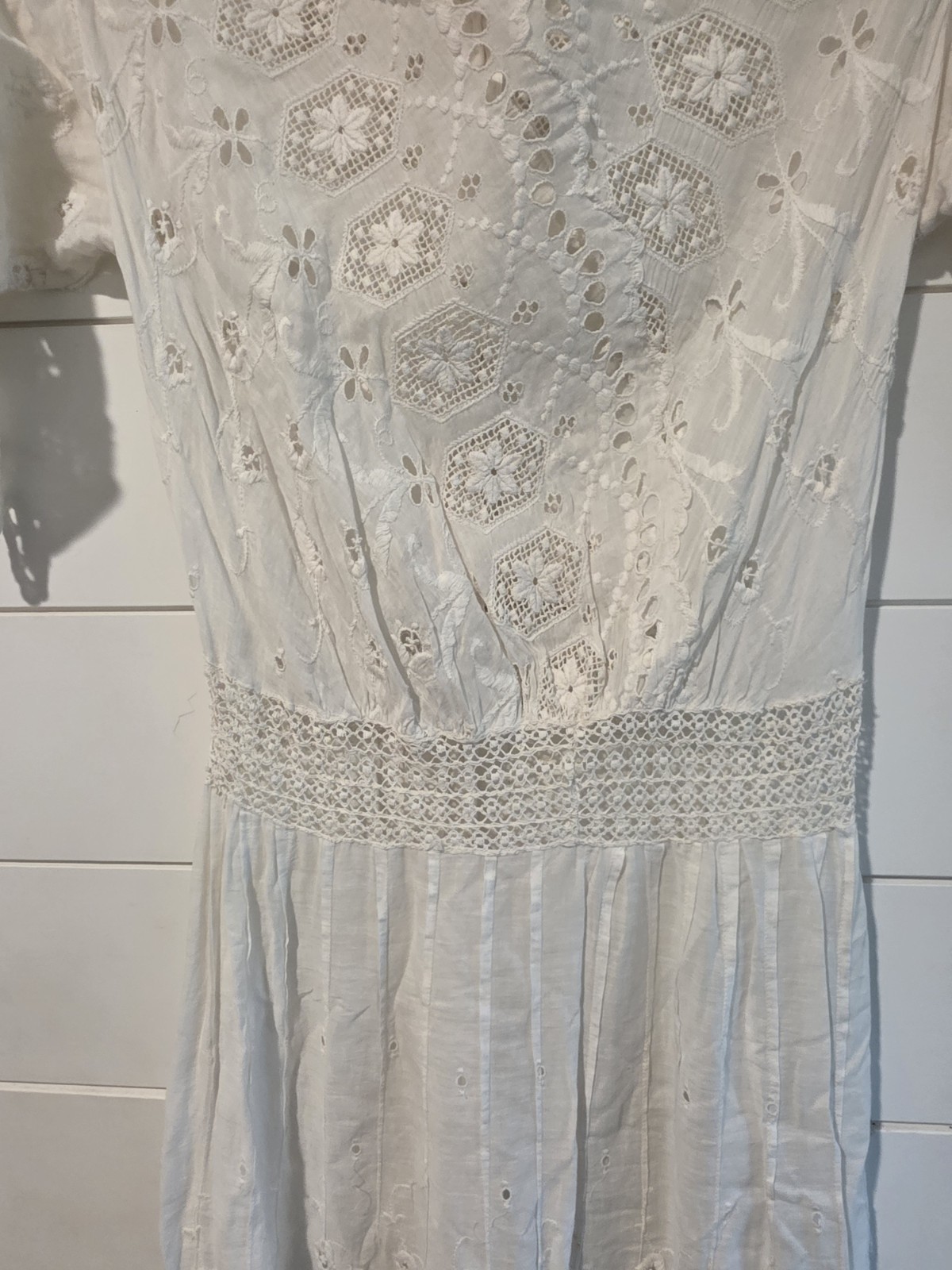 Antique Edwardian White Cotton Lawn Gown Embroidered Eyelet Lace Tea Dress XS