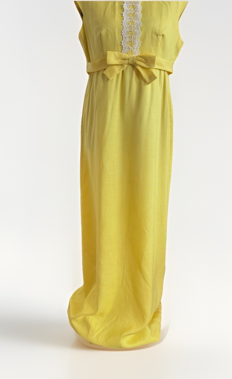 vintage 70s lorrie deb yellow bow lace maxi prairie cottage core mod dress ILGWU