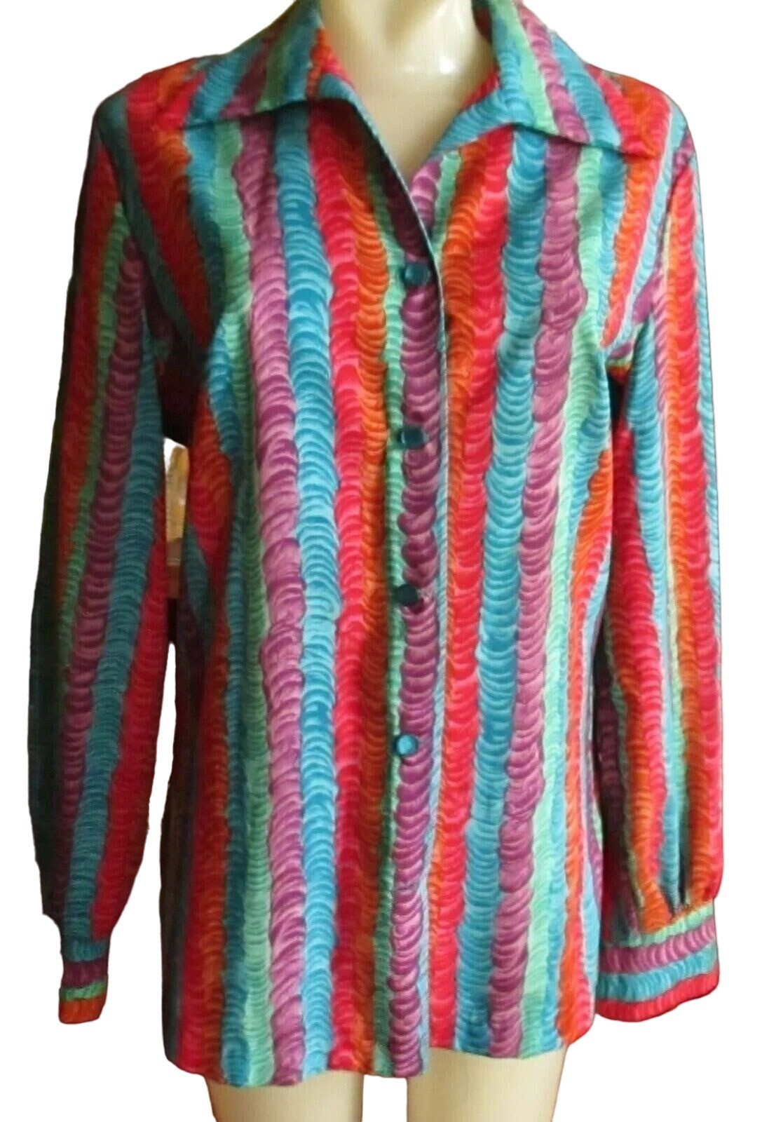 True Vintage Women’s Medium Blouse 1970s Pykettes Striped Top Rainbow Swirl Mom