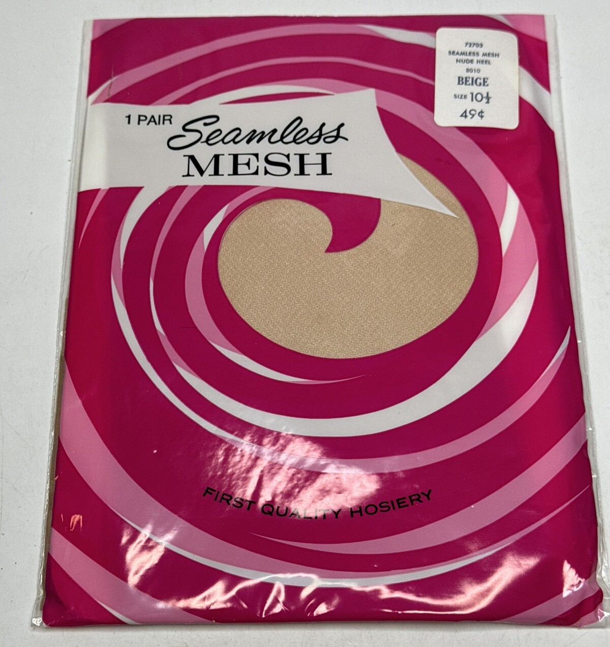 Vtg Seamless Mesh stockings 1 Pair Thigh High Stretch Nylon Size 10 1/2 Nude