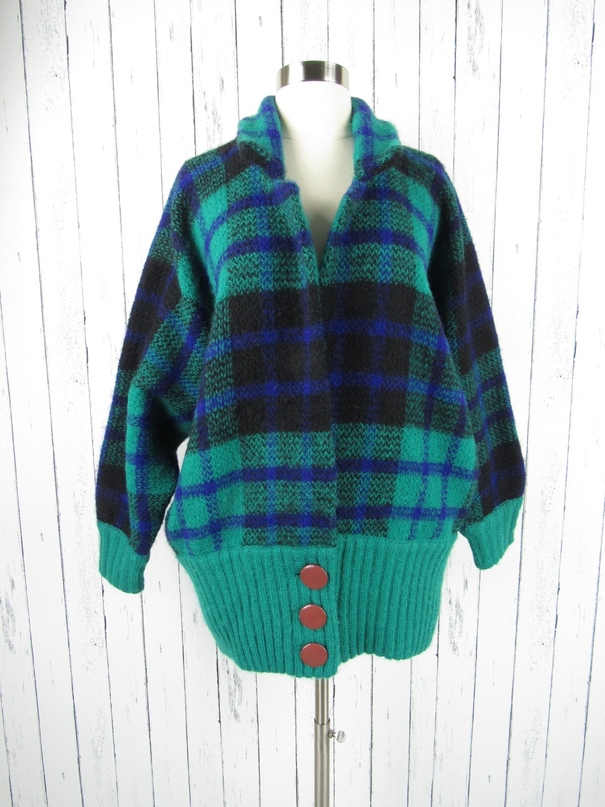 Vintage 90s IB Diffusion 70% Mohair Green Purple Plaid Oversized Cardigan Jacket
