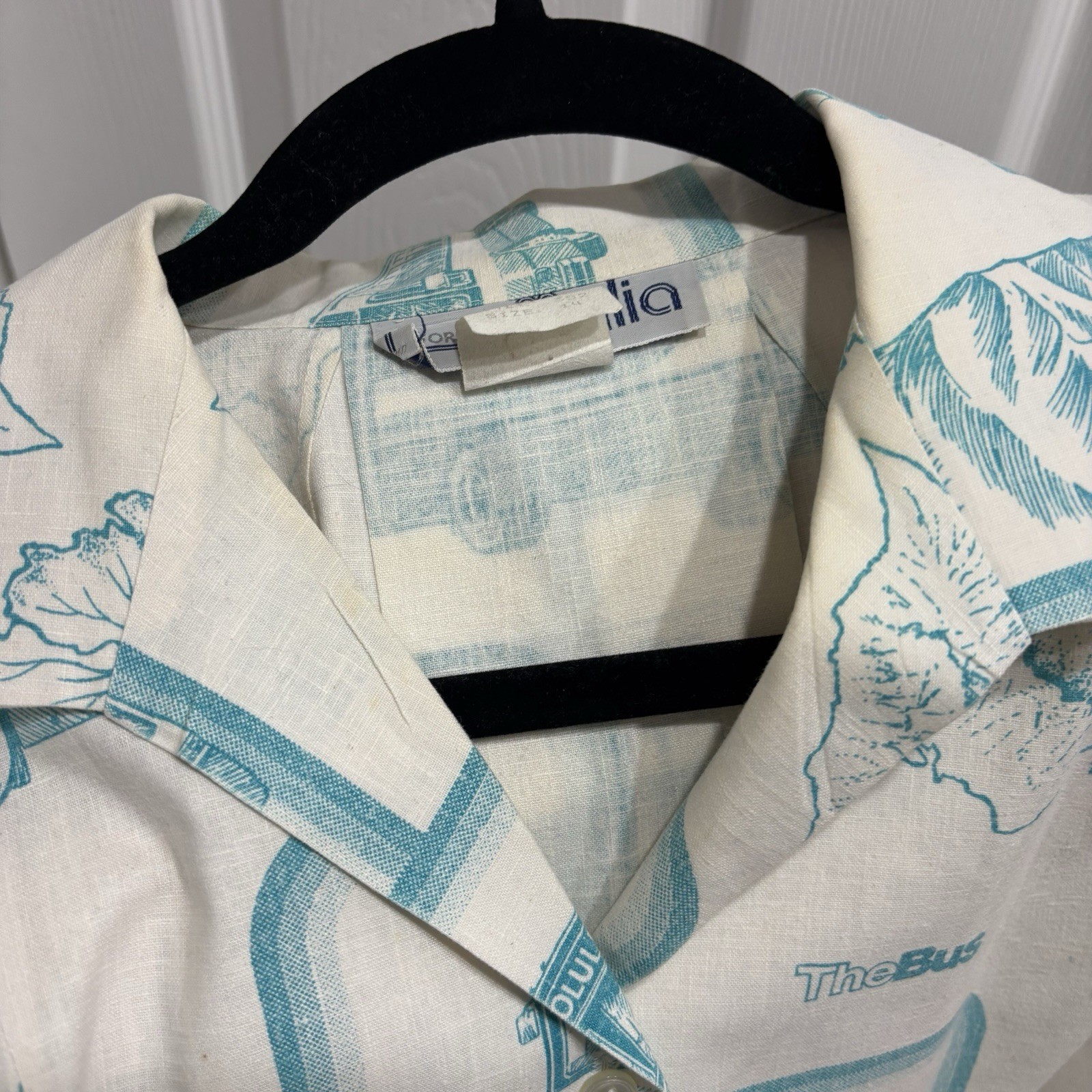 Vintage Hawaiian Aloha TheBus Bus Driver Uniform Shirt White Teal Size 14