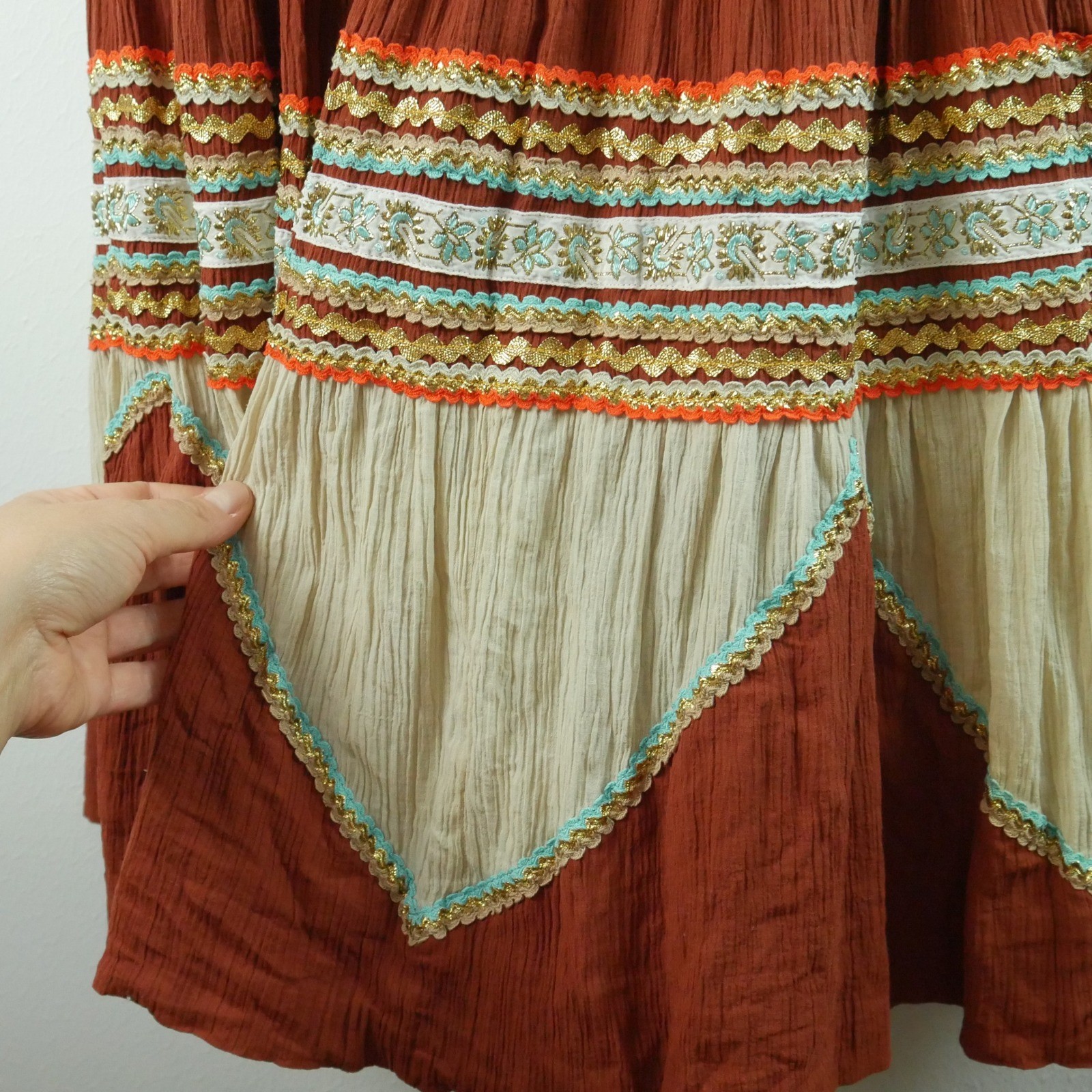 Vintage 70s Boho Crinkle Gauze Tiered Midi Skirt Rickrack Western Patio Small