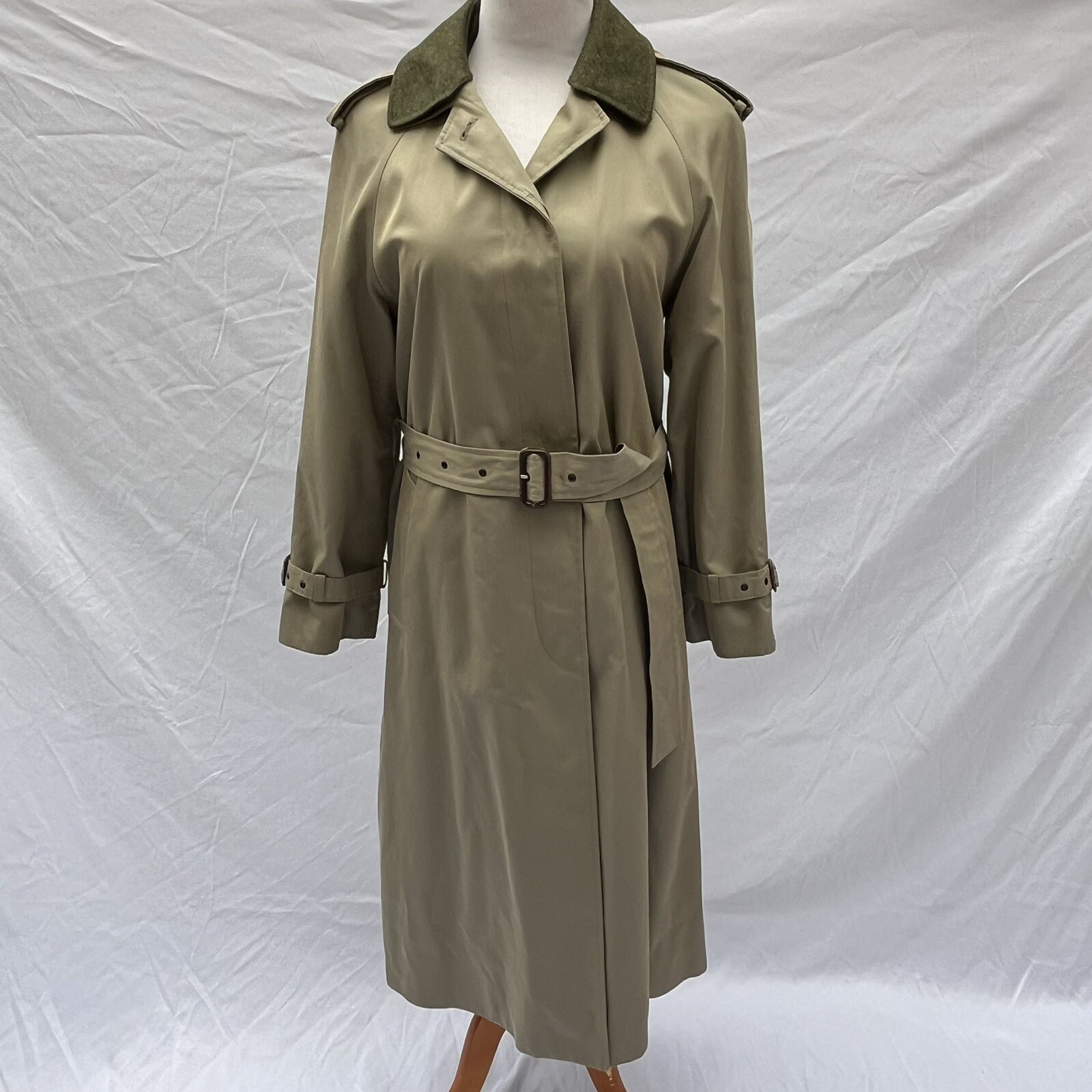 SALKO Austria Wool Cotton Trench Coat Womens 8 EUR38 Khaki Removable Lining Vtg