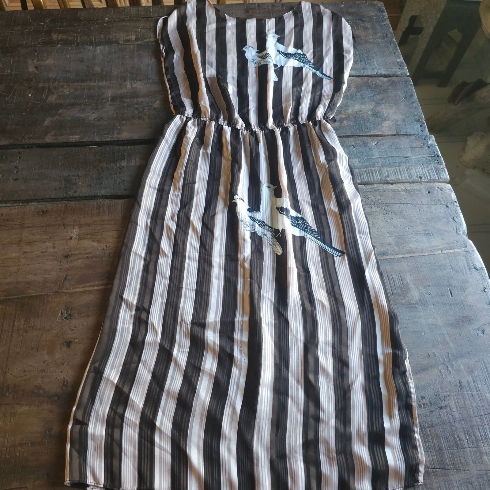 Vintage 70s Charline Striped Bird Floral Midi Dress Pink Brown Cream Dove Sheer