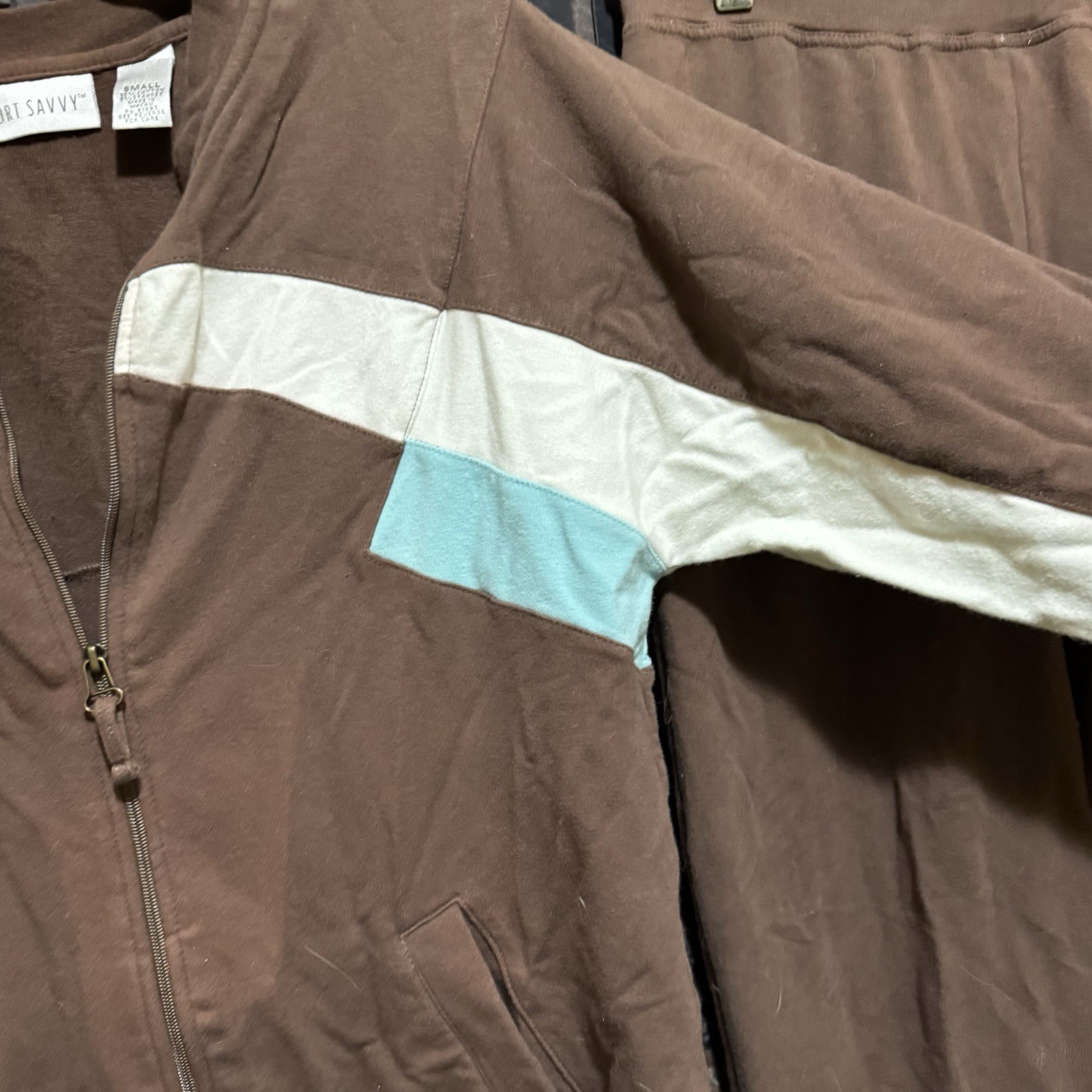 Sport Savvy Full Zip Jacket & Pants Set Women’s Small Brown Teal Cream Vtg Y2K