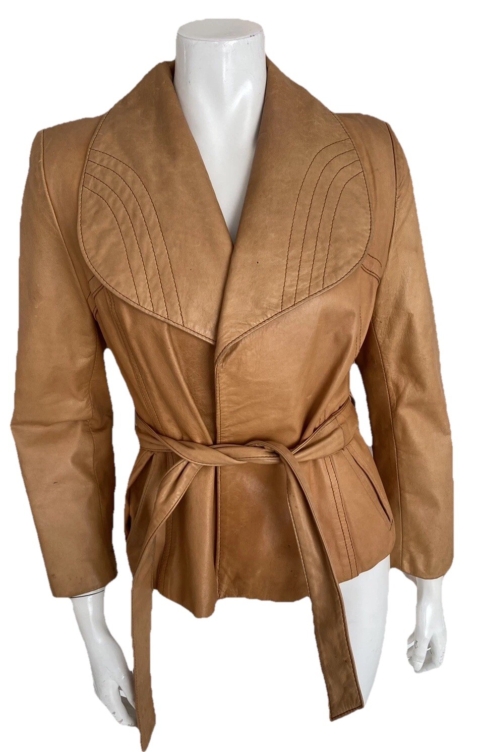 Vintage Uruguay Leather Womens Beige Buff Oatmeal Belted Jacket 9 / 10