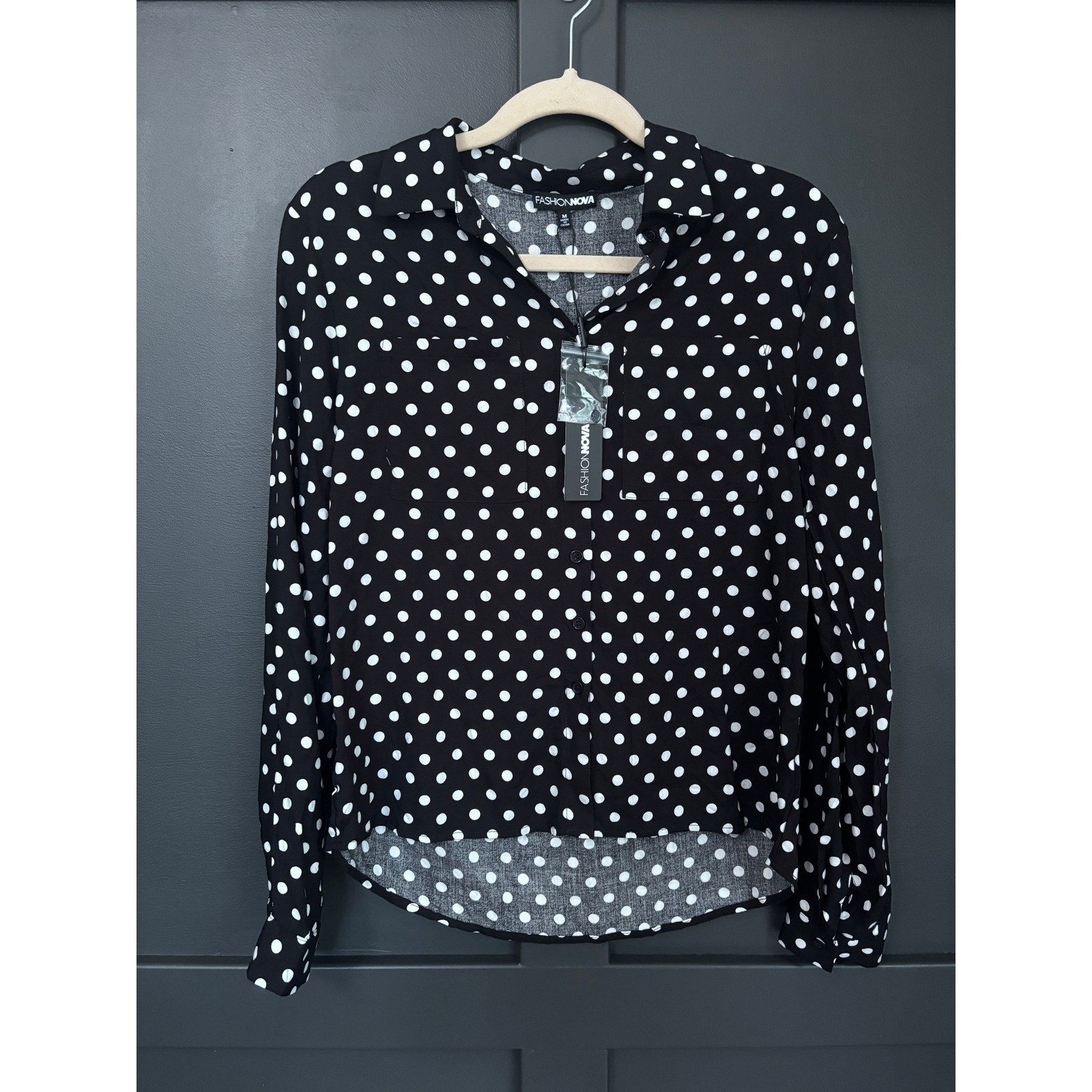 Fashion Nova Polka Dot Button Up Blouse Medium Parisian Coquette Retro Chic NWT