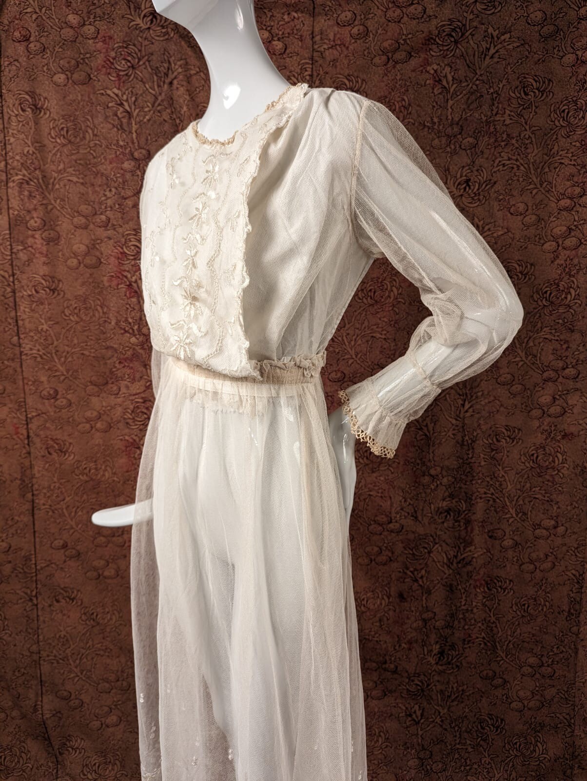 EDWARDIAN EMBROIDERED NET TEA DRESS W NET SLEEVES + RUCHED CUFFS