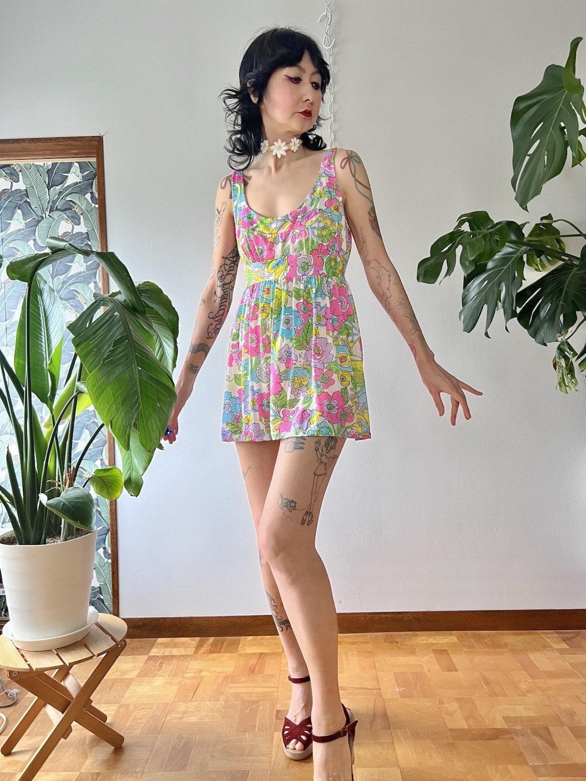 60s Mod Psychedelic Swirl Floral Babydoll Mini Dress Neon Pink Lounge Dress M/L