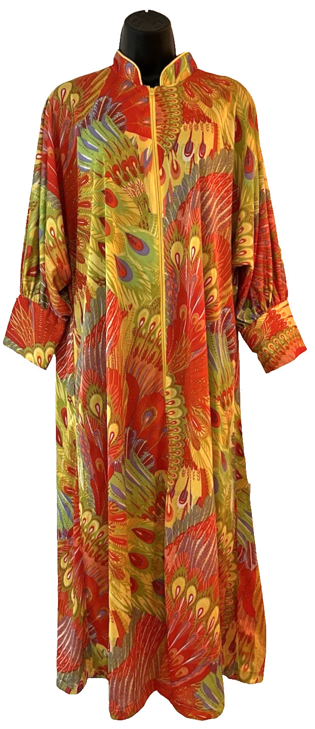 Vtg Hostess Lounge Dress Caftan Orange Pink Psychedelic Peacocks Hippy Mod