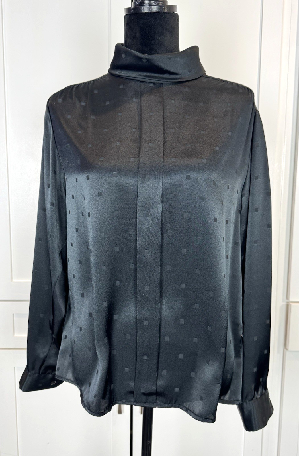 VTG John Meyer High Neck Blouse Black Poly Satin Women’s Sz 14 (1980’s)