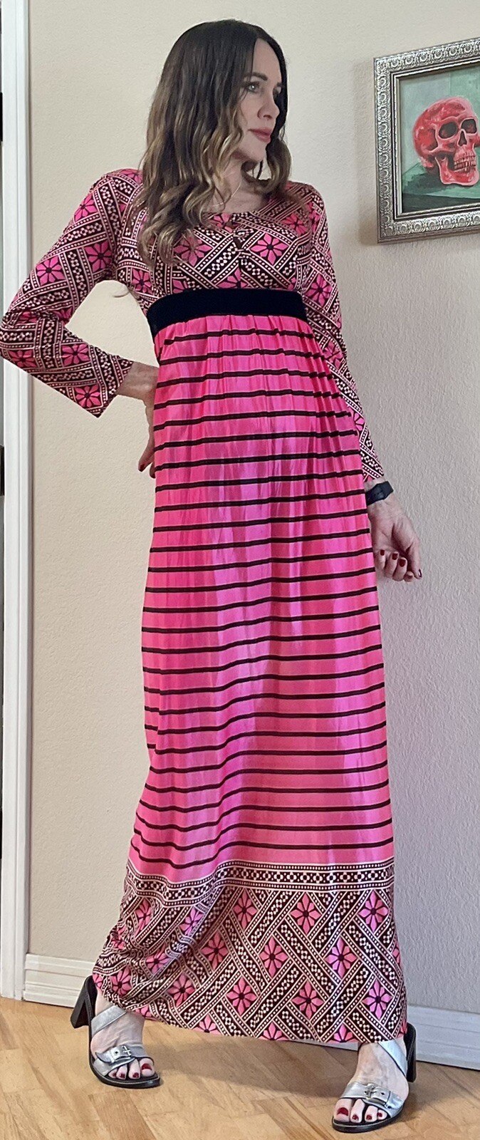 Vtg Rare 70s Loll Ease Neon Pink Striped Empire Waist Festival Maxi Dress S