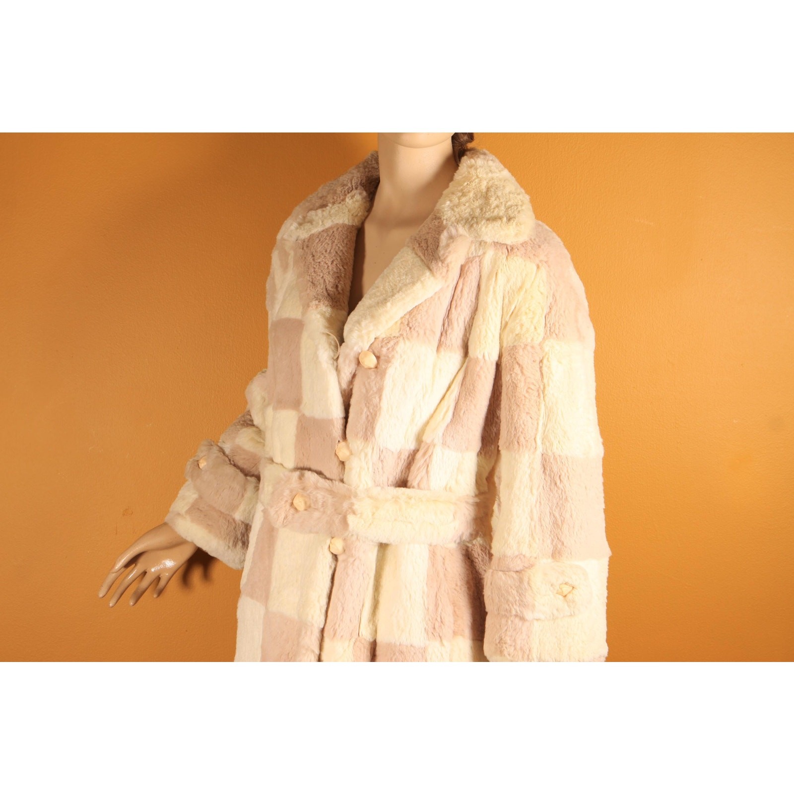 1960s Light Pink and White Sheared Dyed Chinchilla Fur Checkerboard Coat