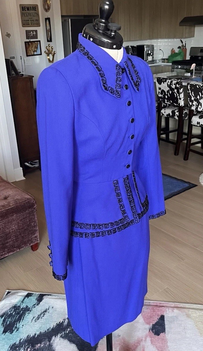 VTG 90s Purple Blue Wool Skirt Suit Set Bead Embroidery Peplum Jacket Size XS