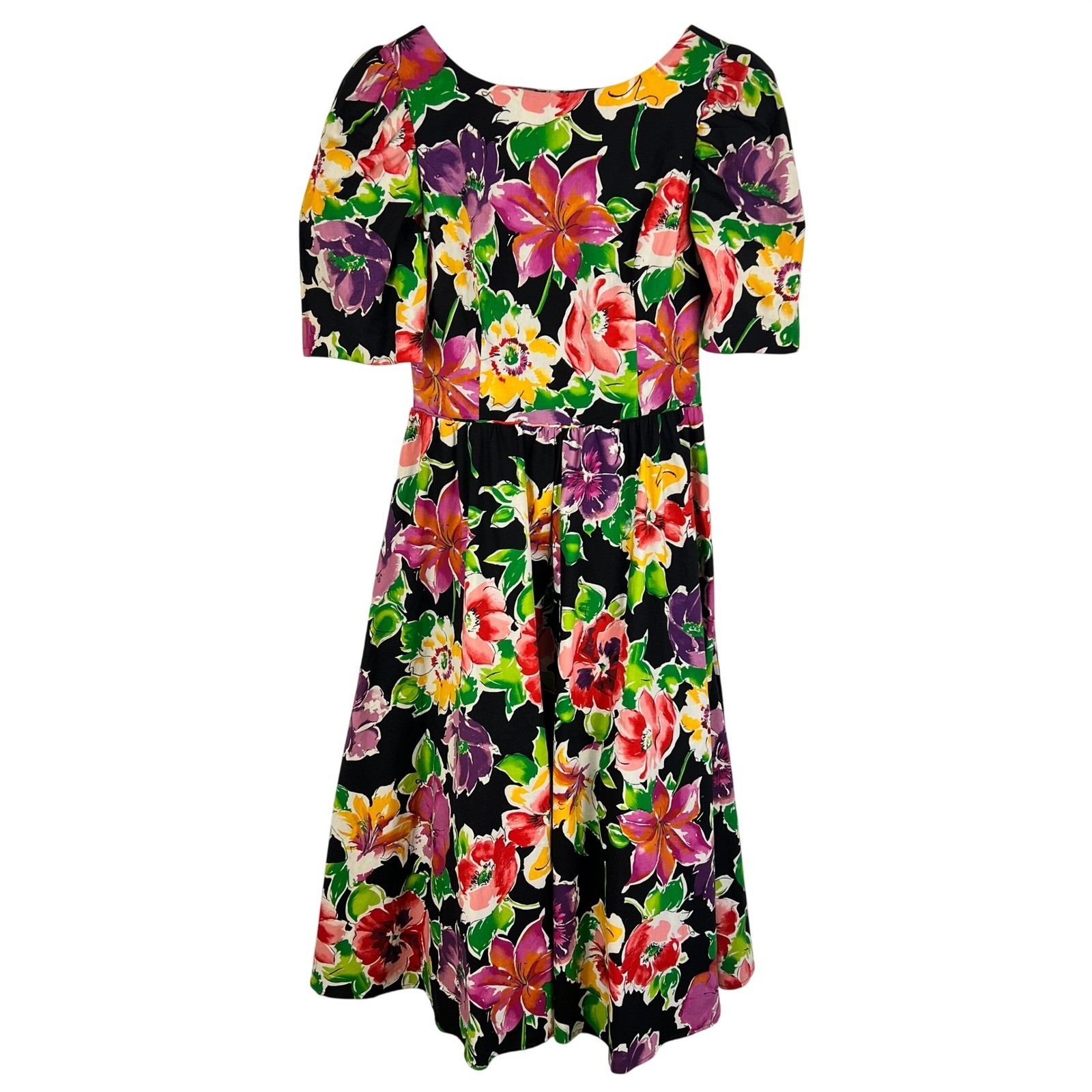 Vintage Floral Bow Back Cutout Midi Dress Medium Black Pink Yellow Crinoline