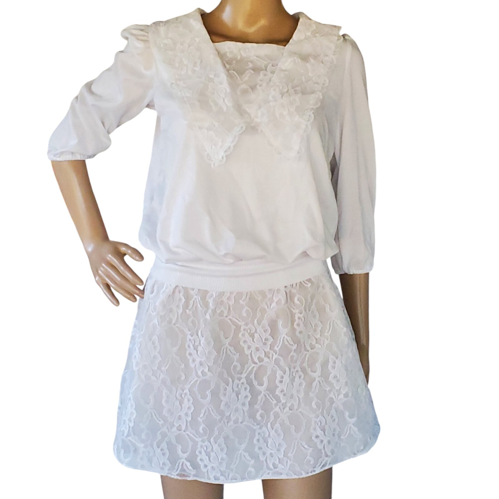 Sharlyn 70s Mini Dress Women’s M 3/4 Sleeve Lace Collar Drop Waist White USA