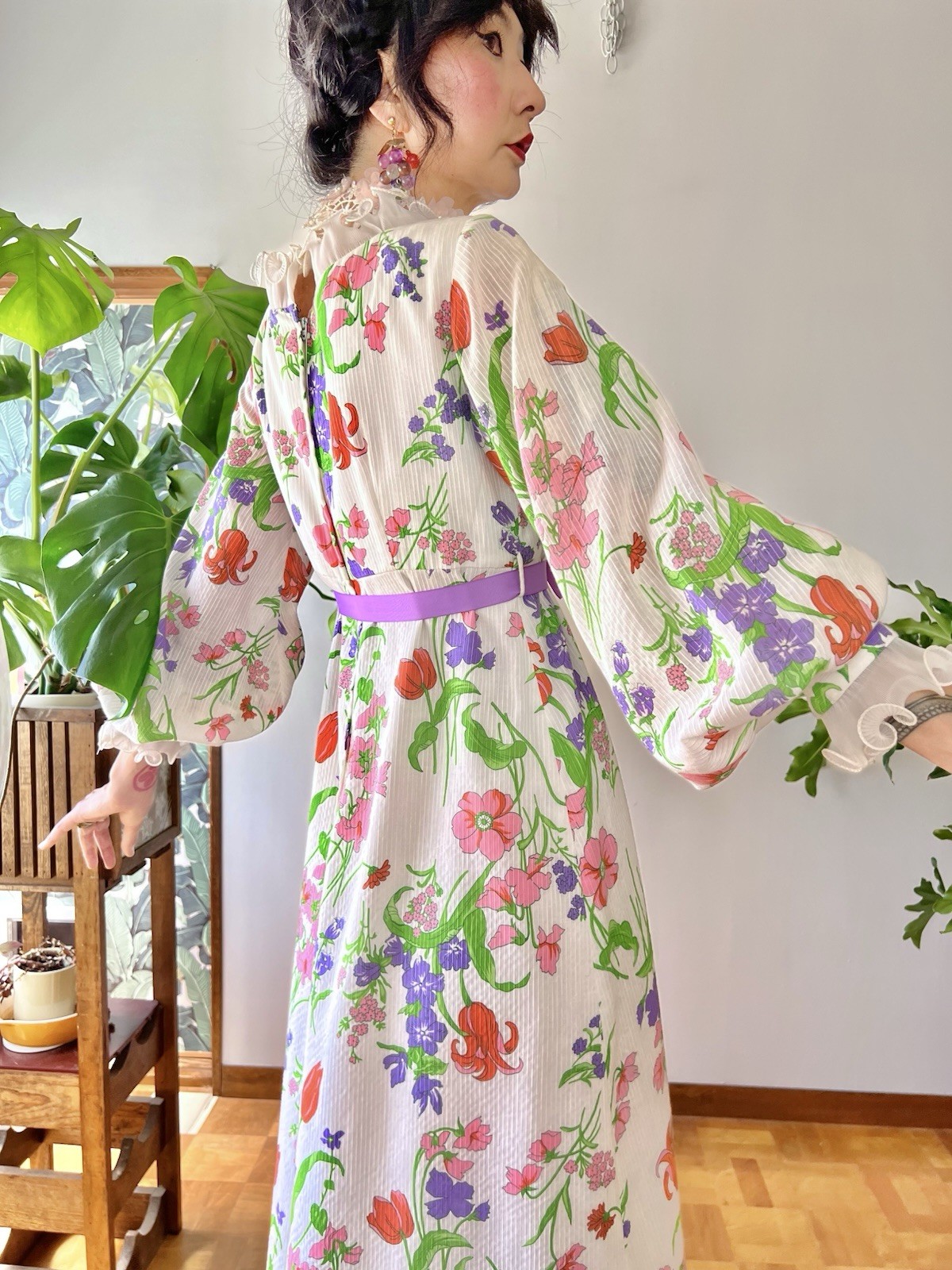VTG 70s Hawaiian Floral Prairie Maxi Dress Balloon Sleeve Boho Cottagecore XS S