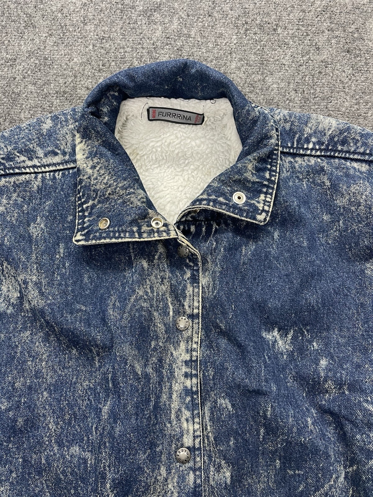 Vtg 80s Bebe Furrrina Denim Jacket Coat Sherpa Lined Unisex Size S USA Made
