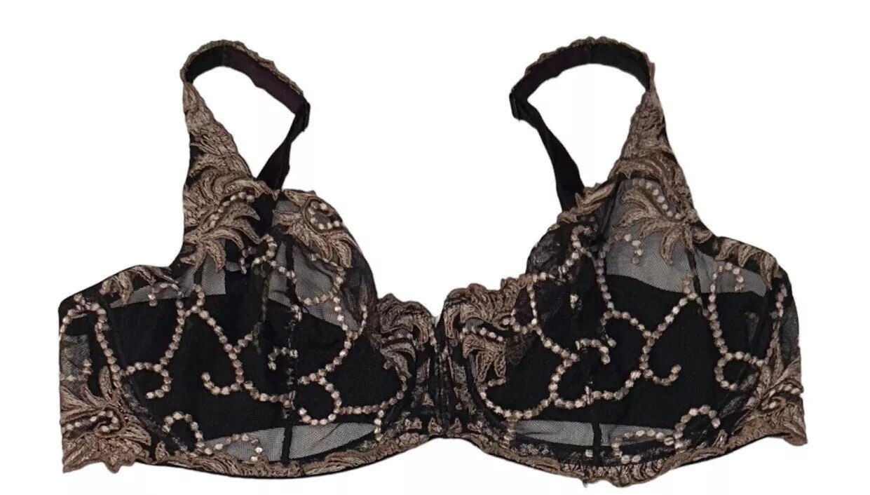 LUNAIRE Black Mocha & Gold Sheer Mesh Nylon Bra Womens 38DD
