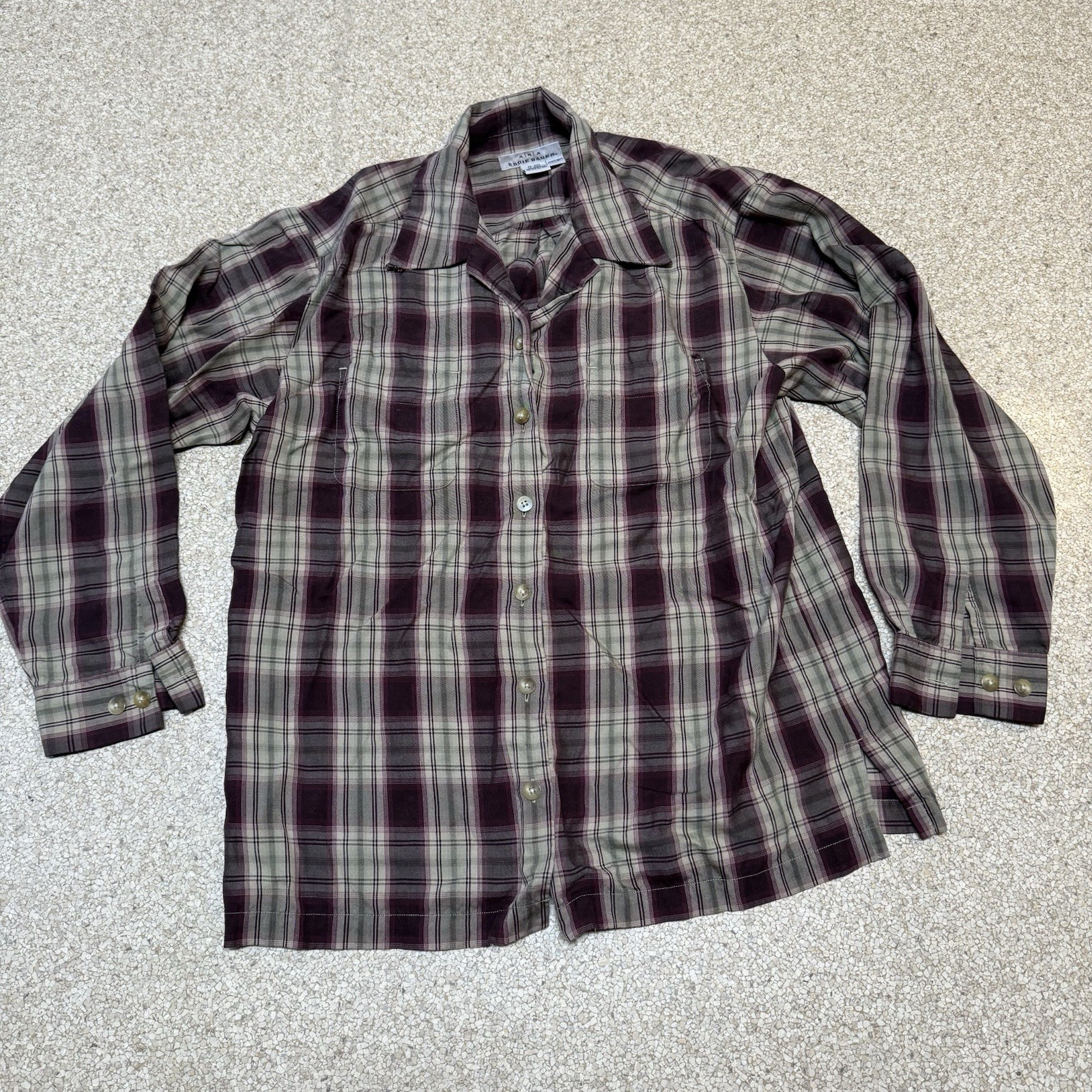 Two (2) Vintage Eddie Bauer Women’s Long Sleeve Plaid Shirts Size Lg Blue Purple