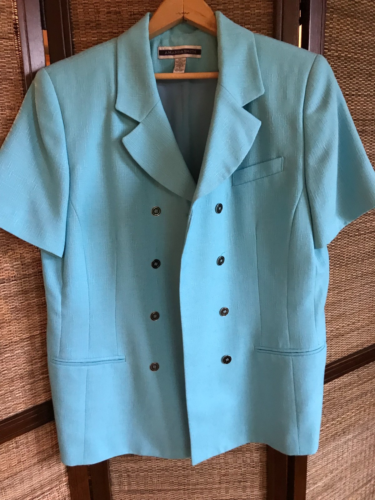 VTG 80s Amanda Smith Suit Jacket, Lined Turquoise Teal Blazer Navy Buttons Sz 16