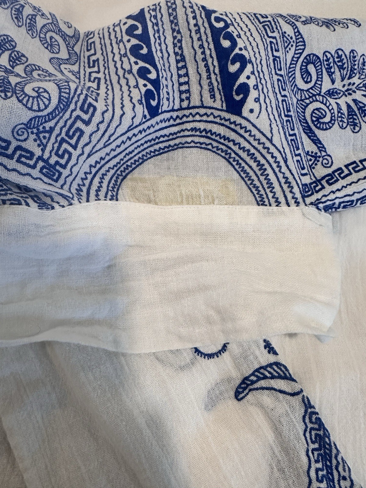 VTG 70s Yannis Nafpliotis White Blue Linen Hellenic geometric Print Gauze Boho