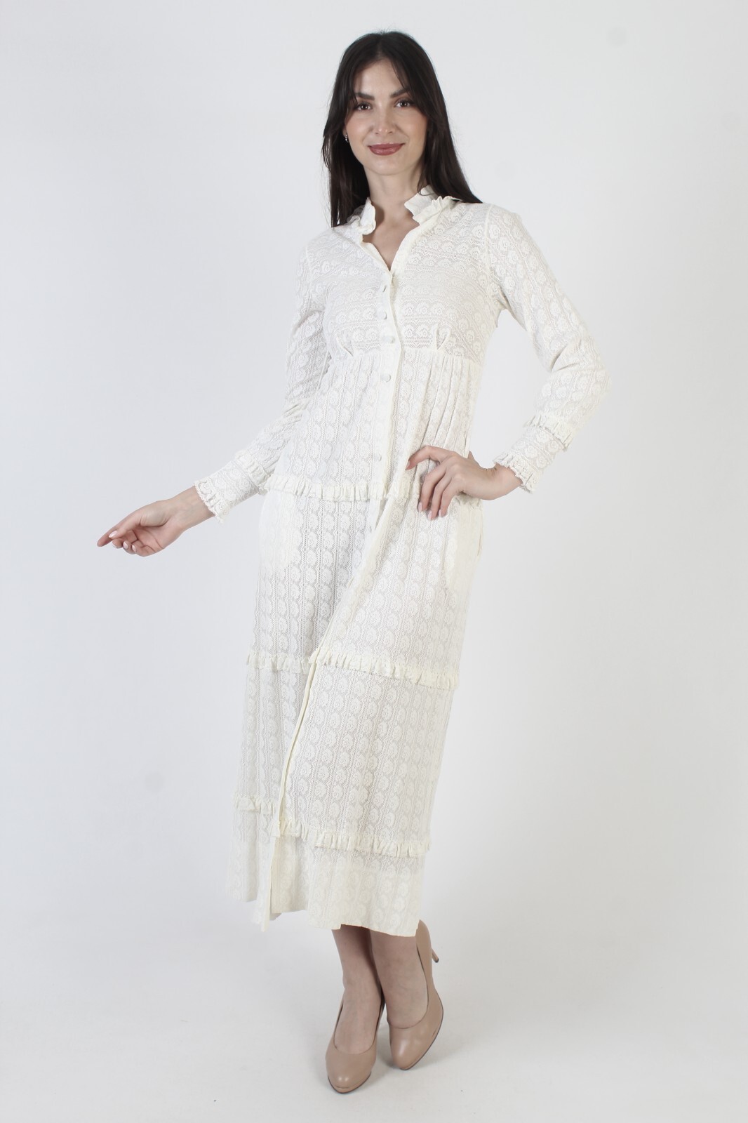 Vintage Plain White Lace Dress Button Up Victorian Tiered Sheer High Waist Midi