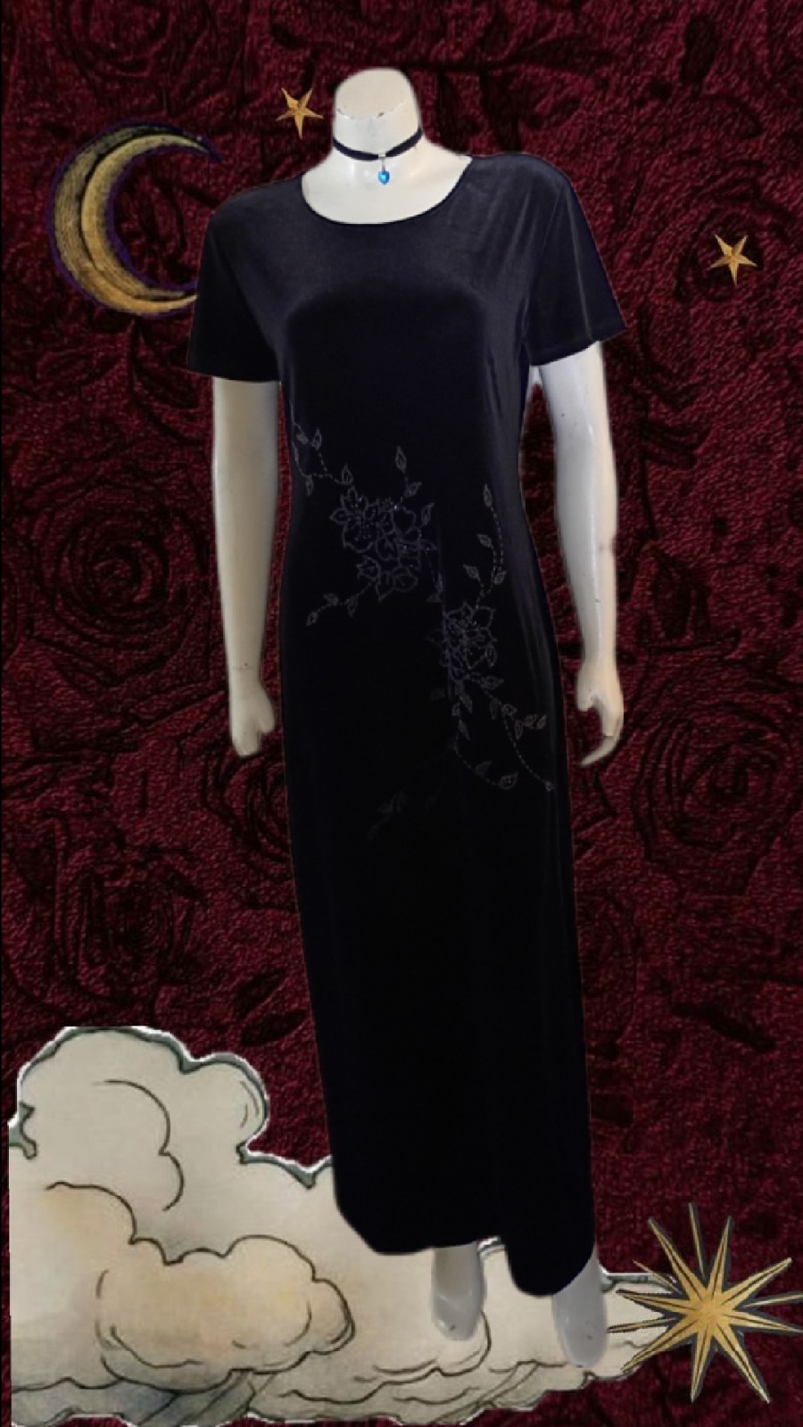 VTG 90s AGB Goth Style Black Velvet Maxi Dress W/ Silver Floral Pattern Sz 12