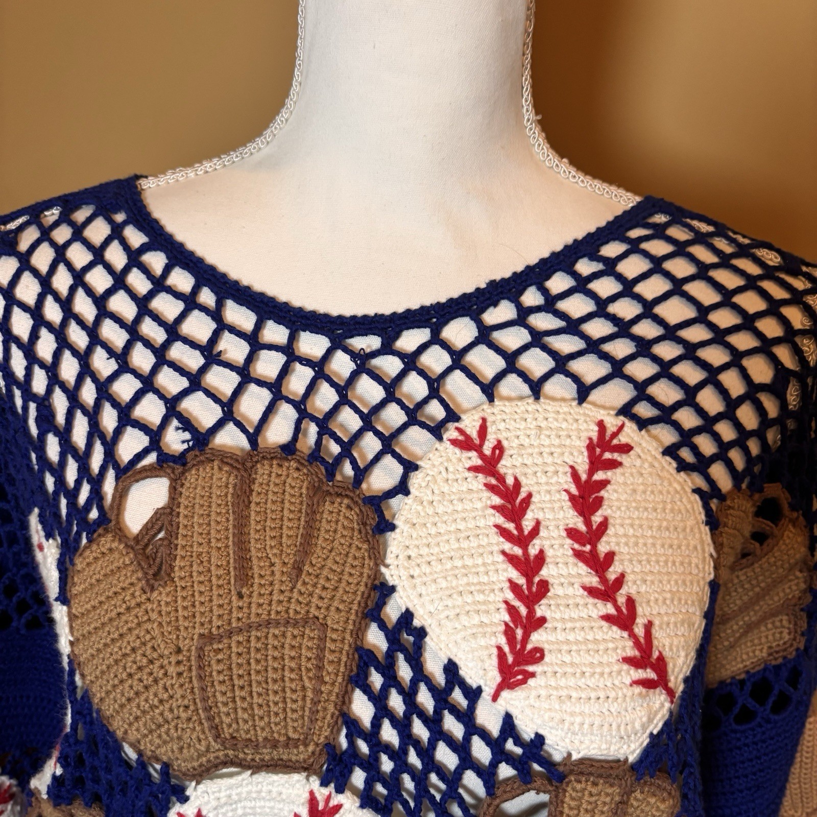 Vintage Berek2 Cotton Crochet Sweater Baseball Glove Novelty Size M/L Blue