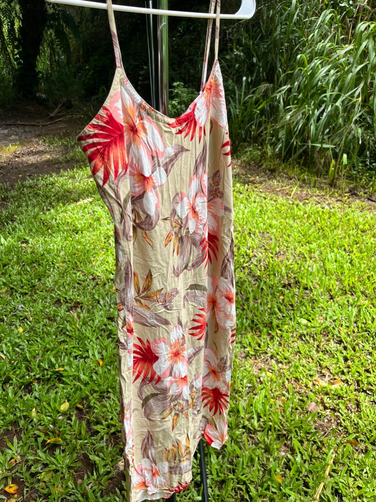 Tan and Pink Vintage Hawaiian Floral Print Dress made in Malaysia 