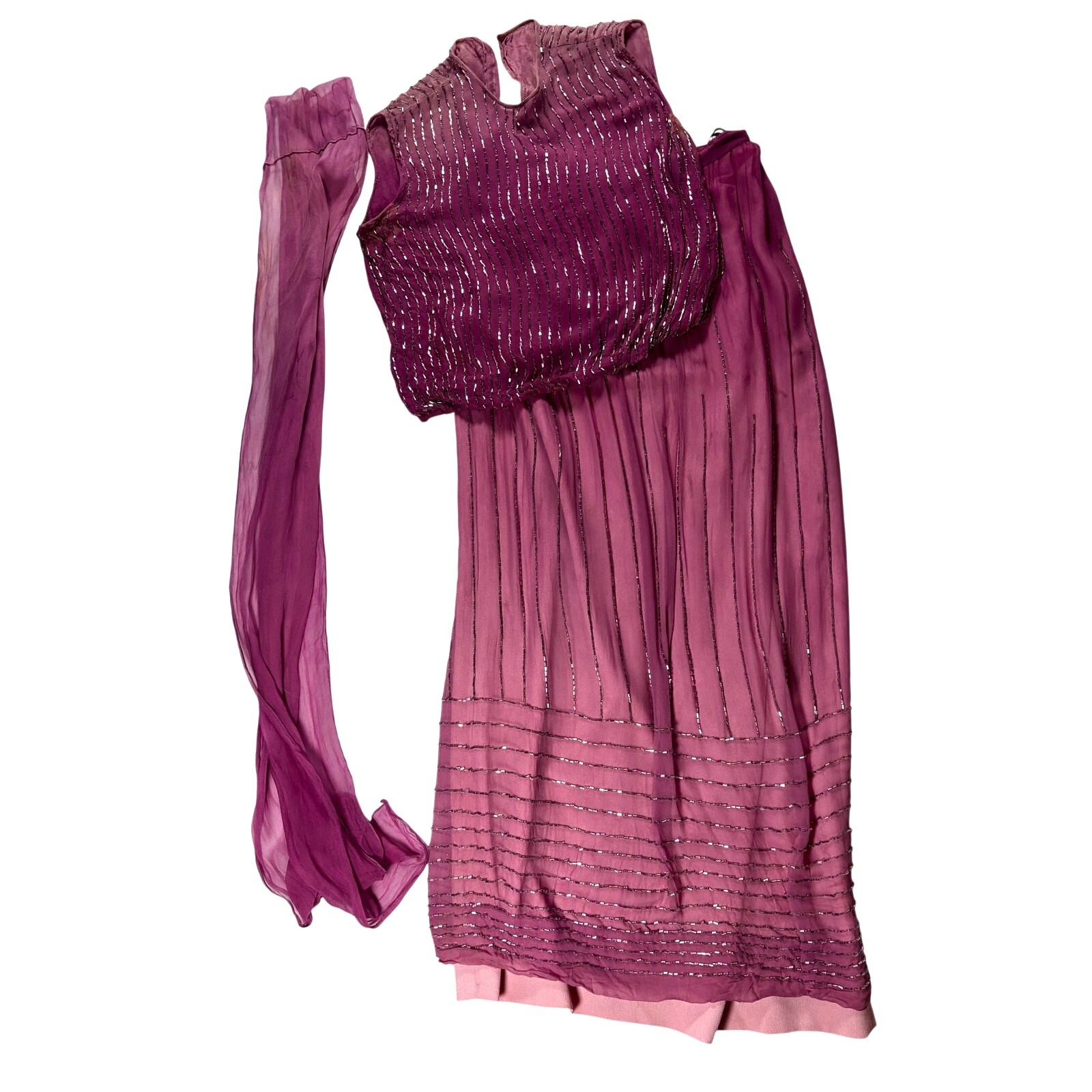 Vintage 60s Beaded Silk 3pc Set Hand Dyed Purple Reworked Sleeveless Skirt Scarf