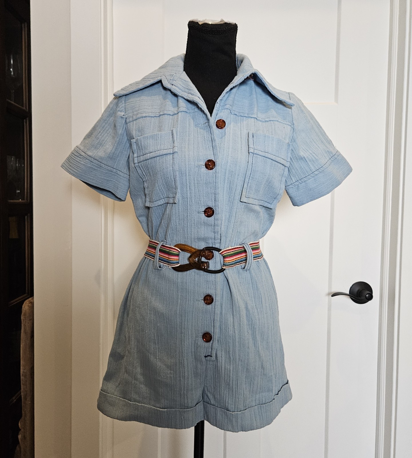 60s/70s Lt Blue Textured Cotton Romper Buttons Short Sleeve Resin Belt Playsuit