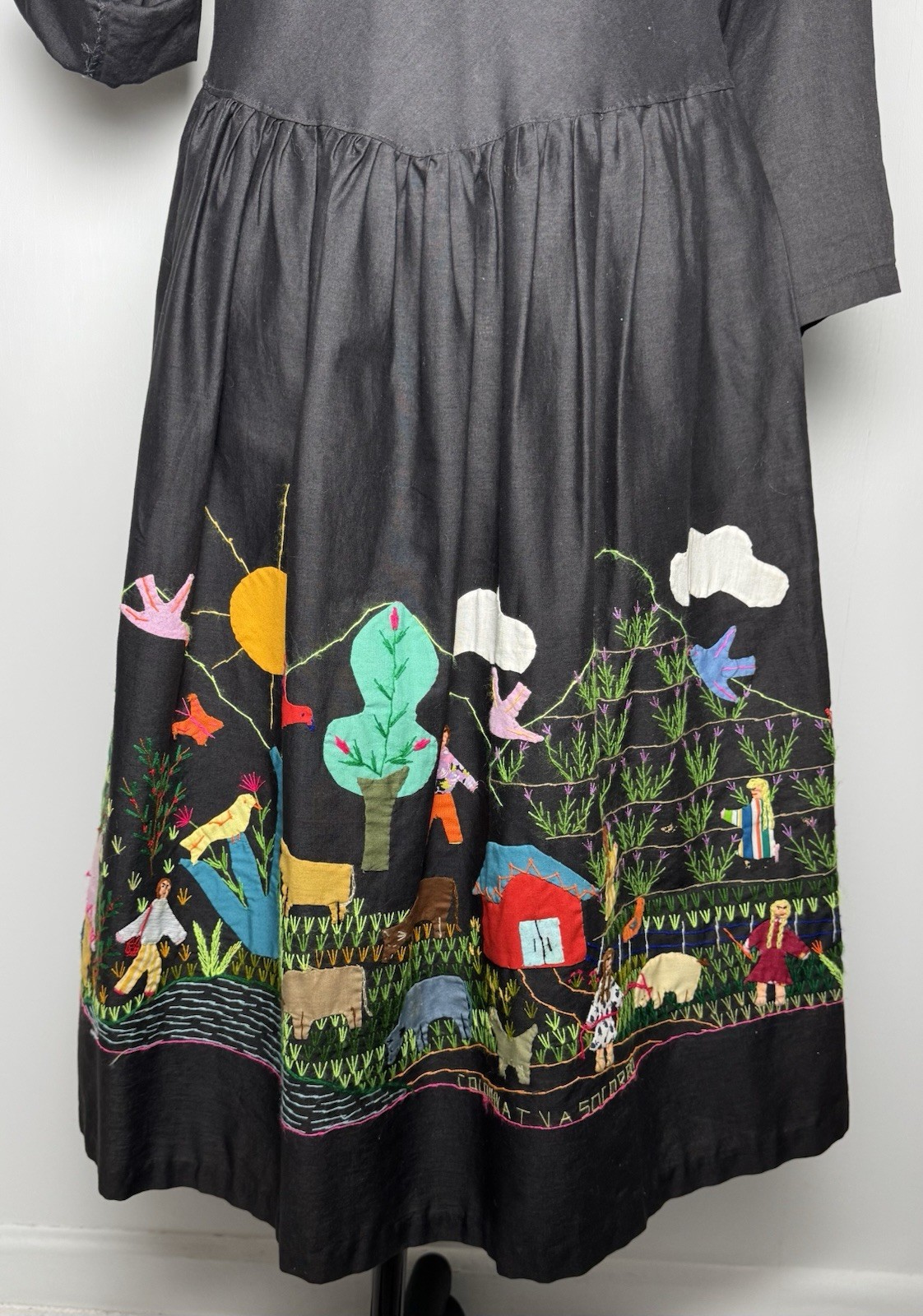 Vtg Folk Art To Wear Applique Dress M/L Cotton Whimsical Cottagecore Prairie