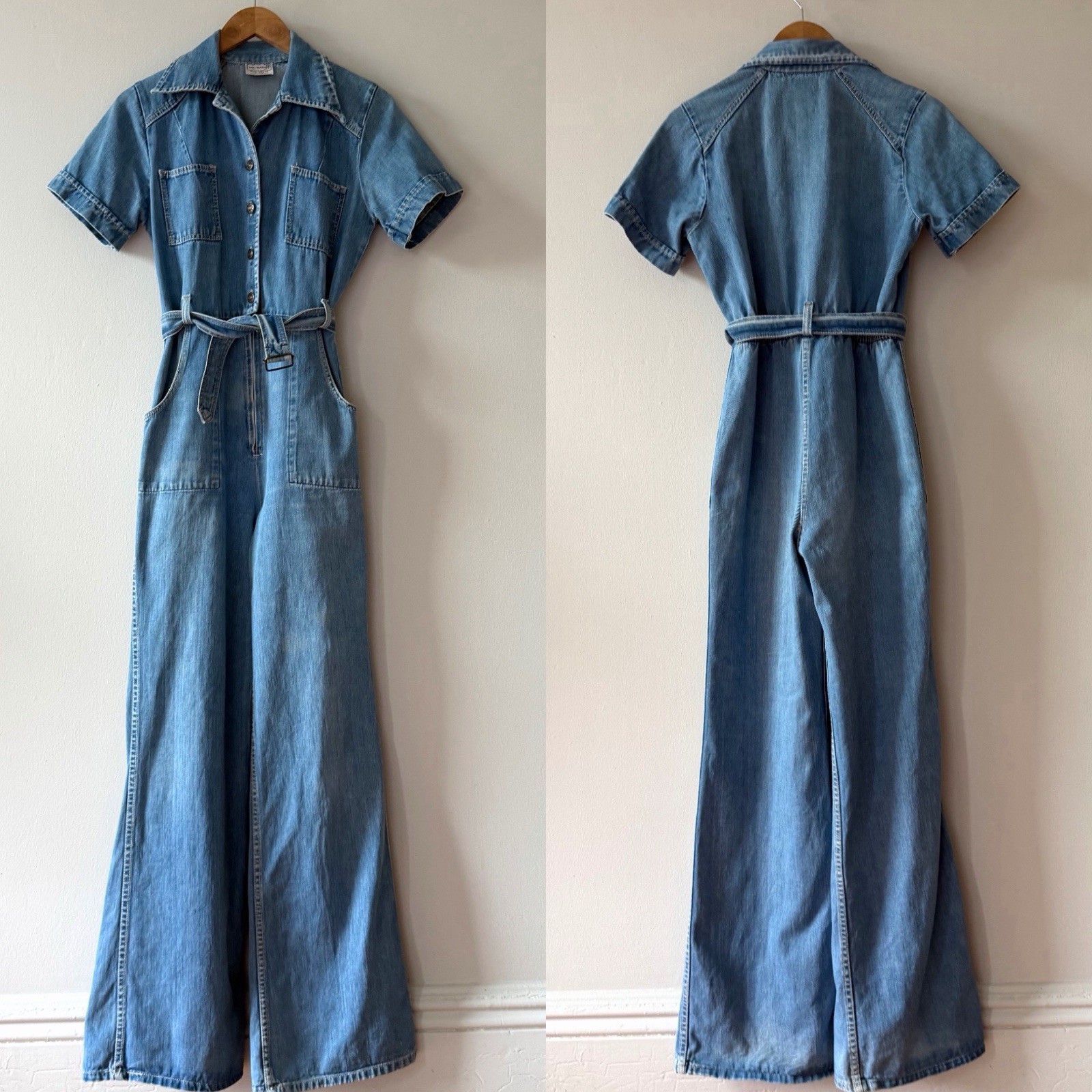 Vintage 70s Denim Bell Bottom Short Sleeve Jumpsuit M