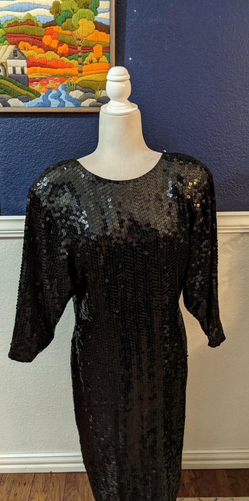 VTG Silk Studio Morgan Taylor 100% Silk Evening Dress Black Sequins Sz 10 Medium