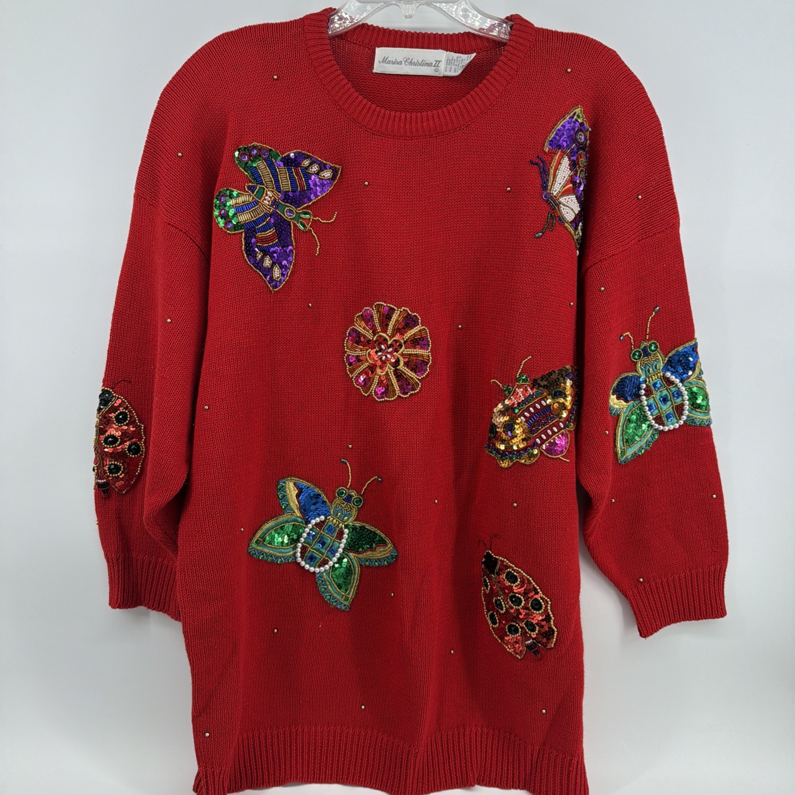 Vtg Marisa Christina Womens Sequin Sweater Red Ladybug Butterfly Eclectic NO Sz