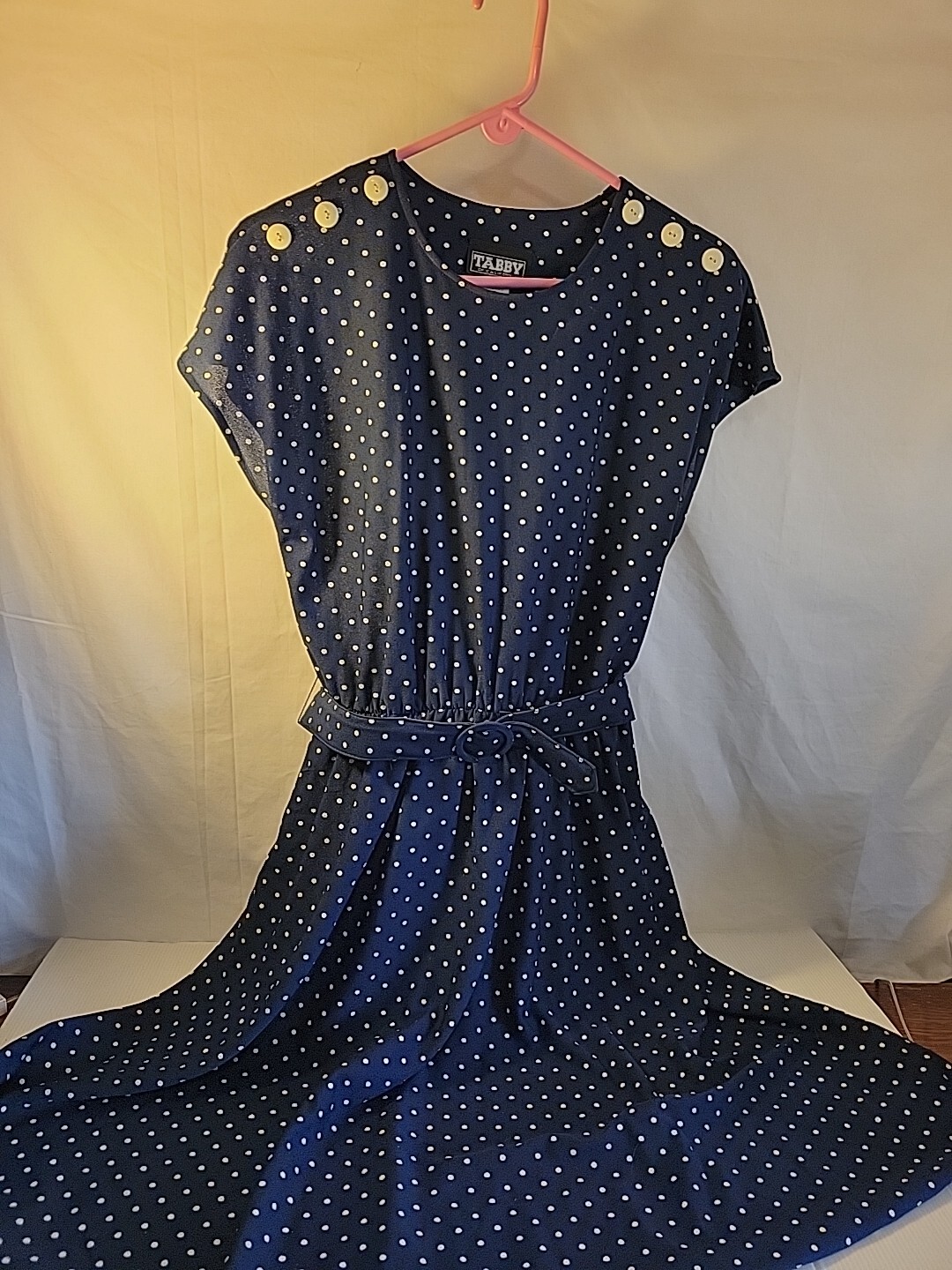 Navy Blue Polka A-Line Secretary Dress Tabby of California 14 Petite Vintage 80s