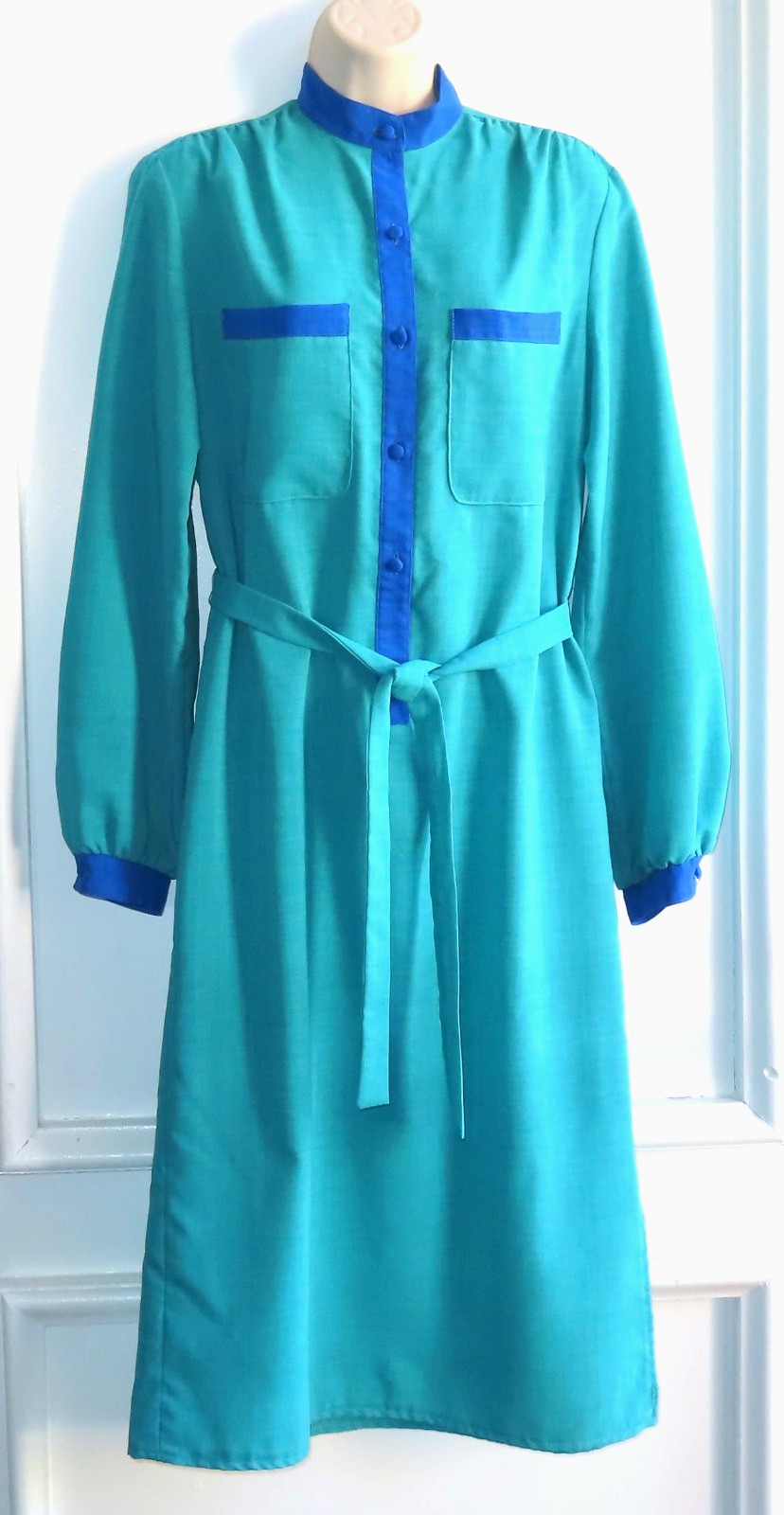 Vtg Miss Magnin I. Magnin Semi-Sheer Long-Sleeve Midi Shirtdress, Turquoise, 10