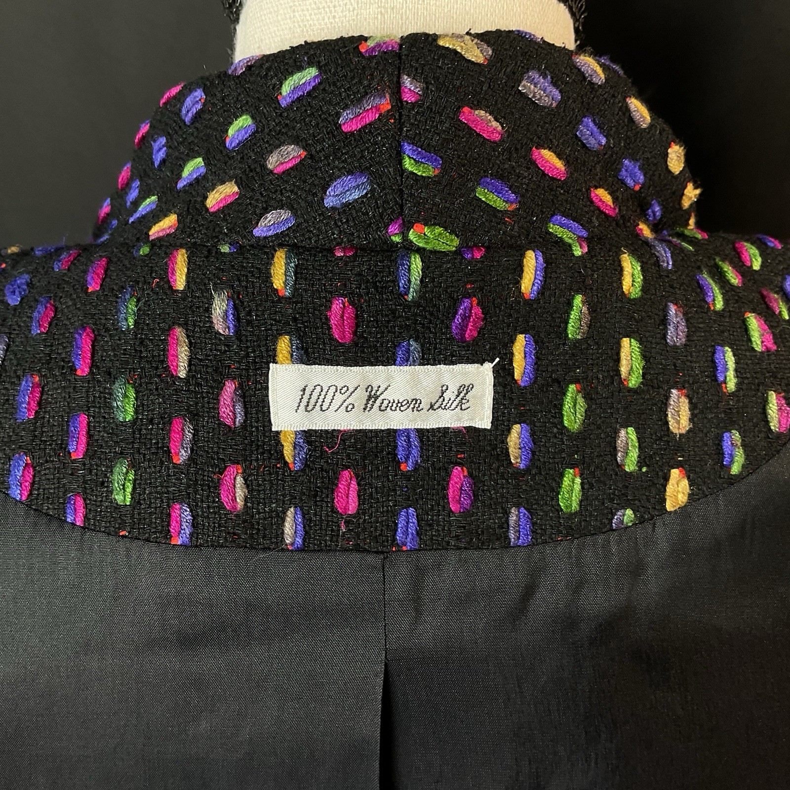 VTG Ann May 100% Silk Blazer Black Multi Color Size 8 Lined Shoulder Pads Retro