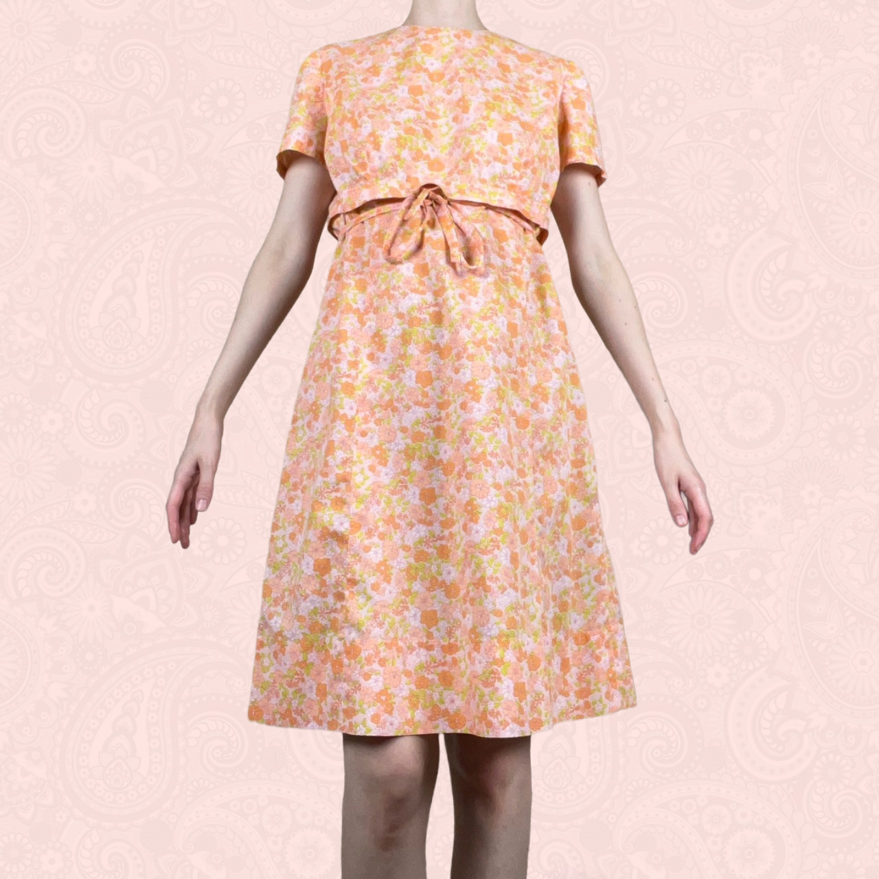 Vintage 60s 70s Handmade Pink Orange Floral Belted Empire Waist Dress S / M