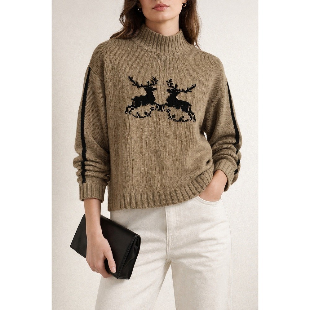 Vintage Obermeyer Ski Sweater Reindeer Knit Wool Blend Mock Neck Nordic Womens L