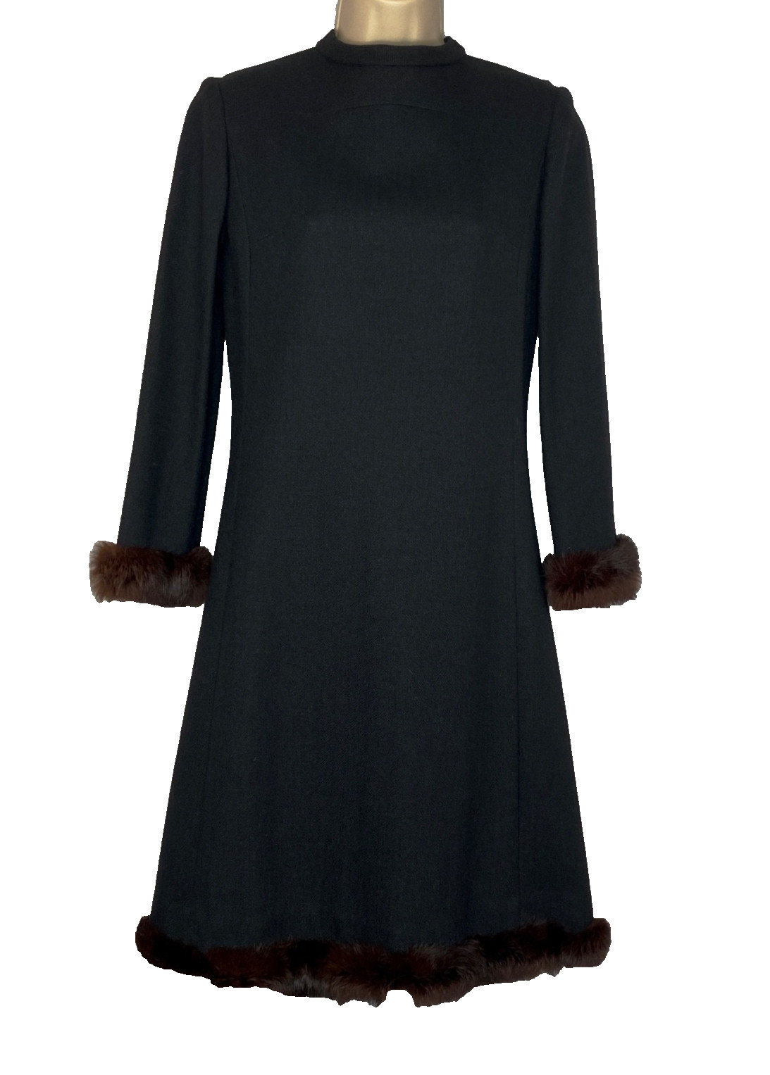 Vintage 1960s black wool dress XS brown genuine fur long sleeve shift midi