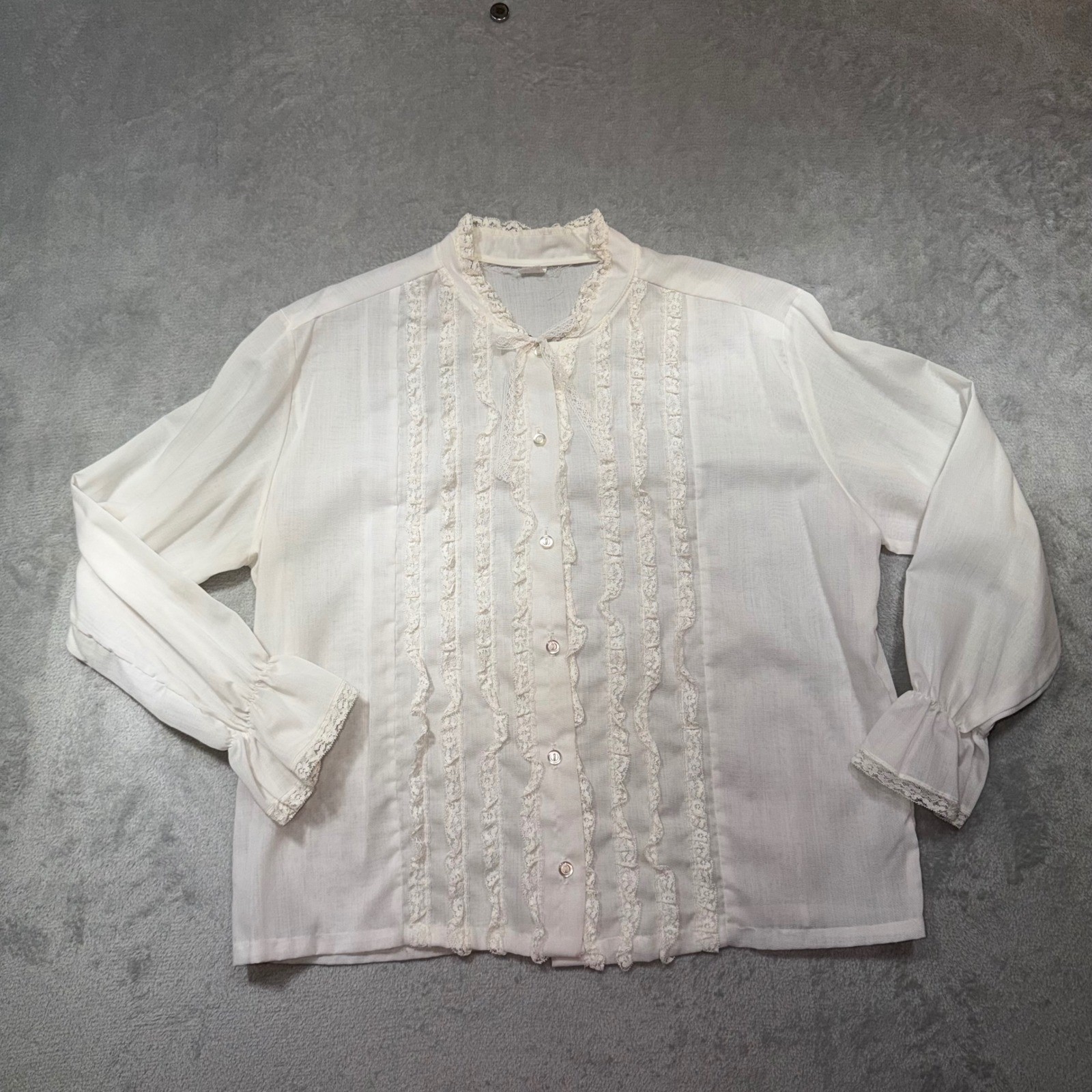 Vintage 70s White Lace Ruffle Blouse Victorian Revival Button Up Long Sleeve 38